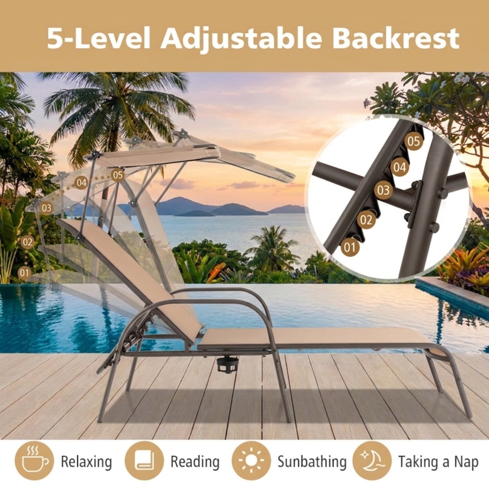 Biotree Patio Heavy-Duty 5-Level Adjustable Chaise Lounge Chair Stackable Patio Chair for Garden BackyardBrown
