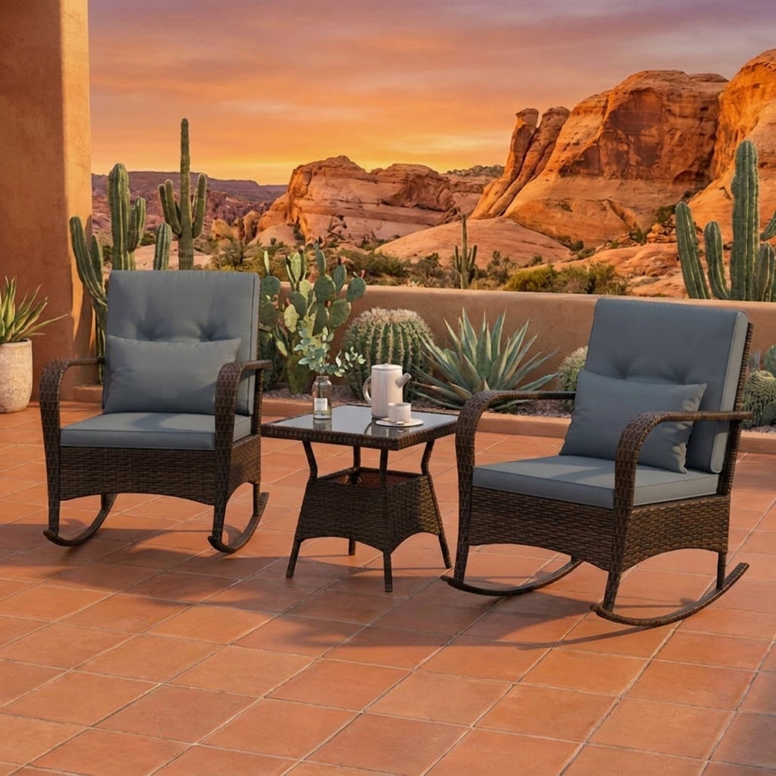 Biotree 3 Piece Outdoor Rocking Set with Tempered Glass Coffee Table for Backyard Poolside Outdoor Conversation Set for Garden Backyard PorchGray