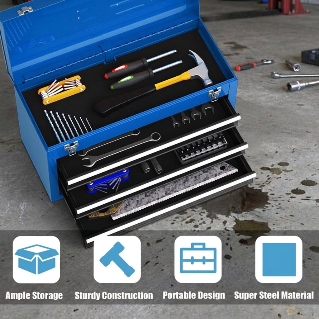 Biotree Portable Garage Mechanic Tool Cabinet Box with 3 Drawers Outdoor Waterproof for Patio Deck Garden Cushions, Blue
