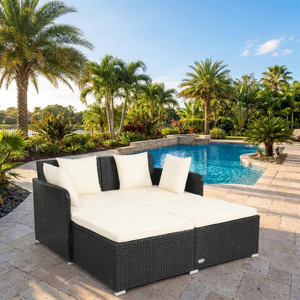 Biotree Spacious Outdoor Rattan Daybed with Upholstered Cushions and Pillows Outdoor Conversation Set for Garden Backyard PorchWhite