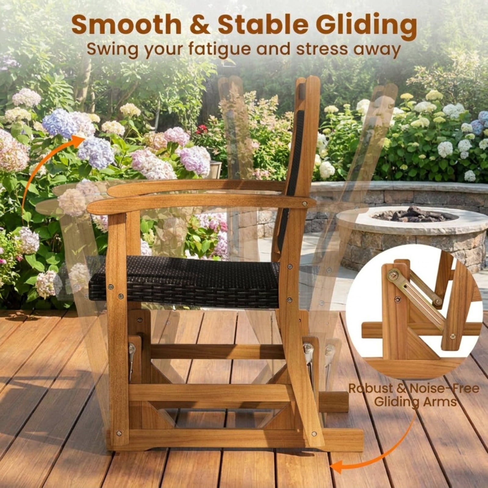 Biotree Patio Rattan Glider Chair with Acacia Wood Frame and Wicker Seat Back Stackable Patio Chair for Garden BackyardMix Brown