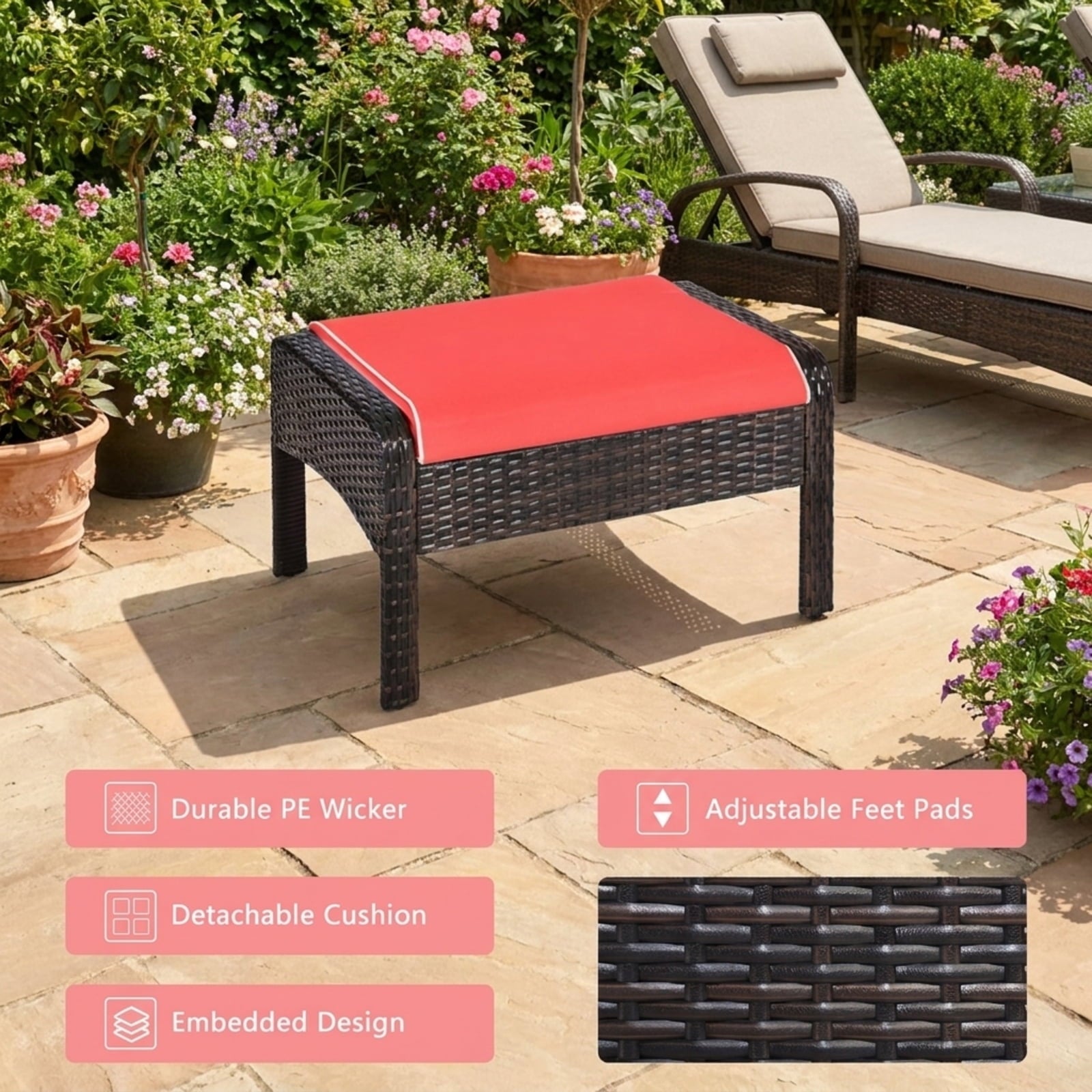 Biotree 5 Pieces Patio Rattan Sofa Ottoman Furniture Set with Cushions Outdoor Conversation Set for Garden Backyard PorchRed