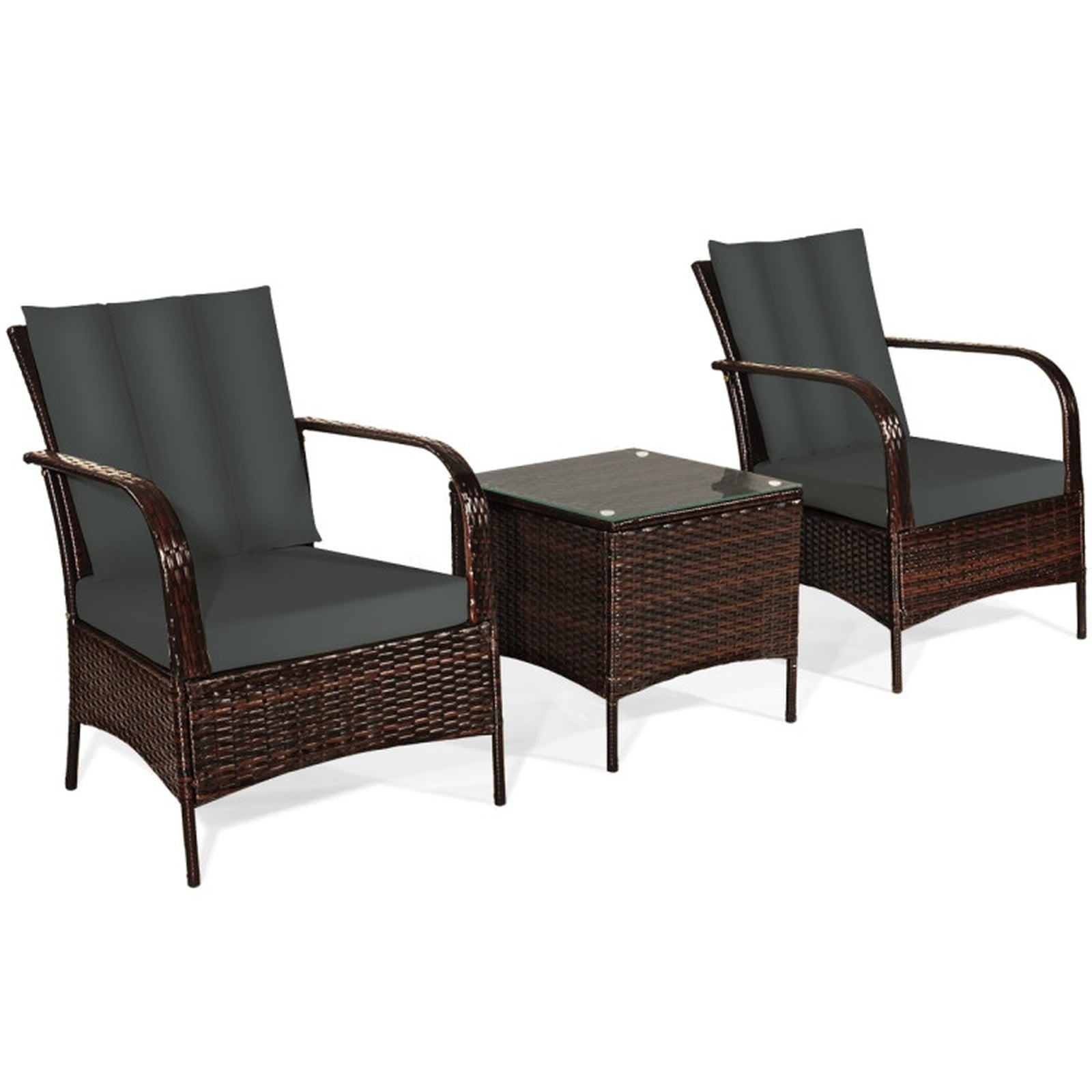 Biotree 3 Pcs Patio Conversation Rattan Furniture Set with Glass Top Coffee Table and CushionsGray