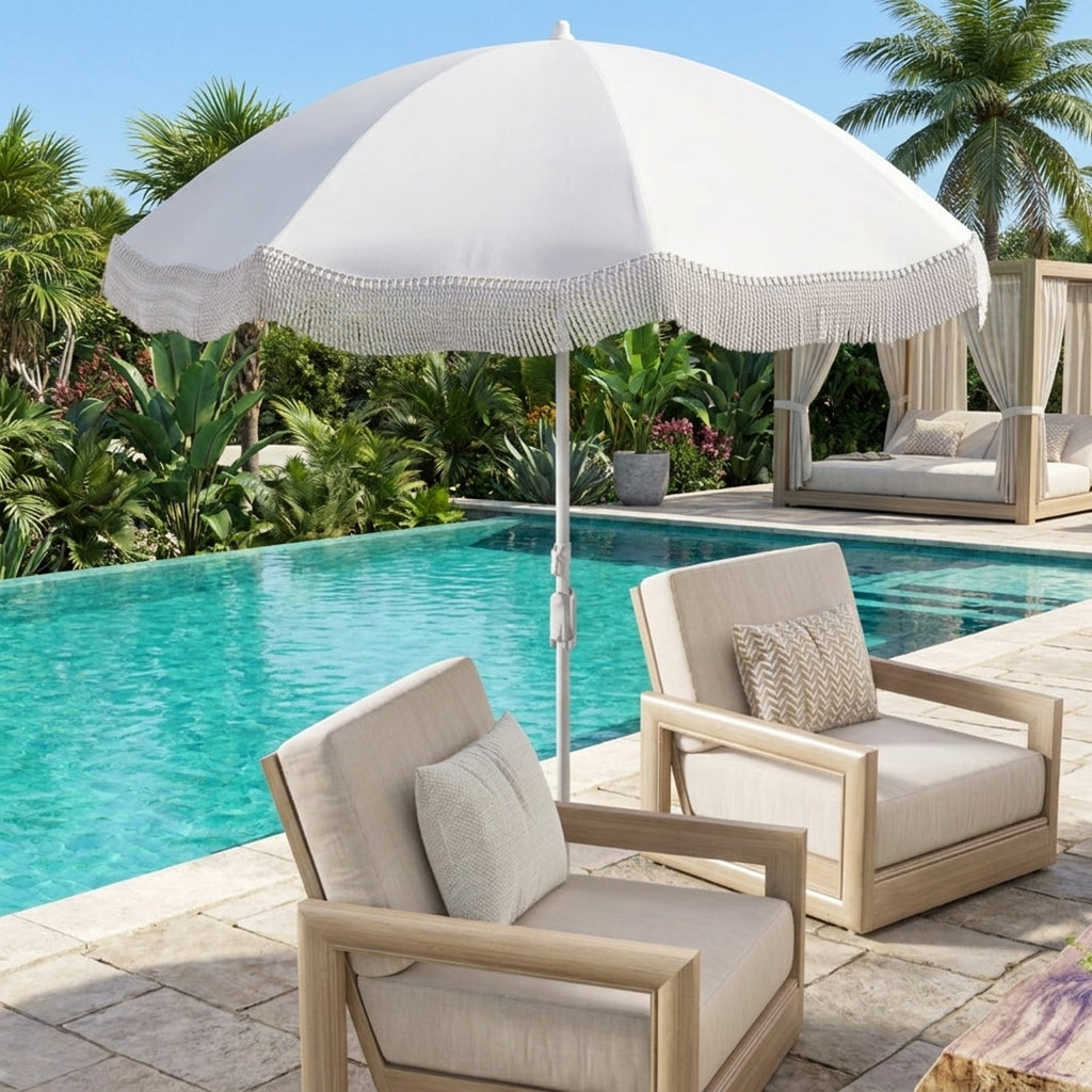 Biotree 6 ft Beach Tassel Fringe Patio Umbrella Crank Tilt Outdoor Shade - White - UV Protection with Cross Base