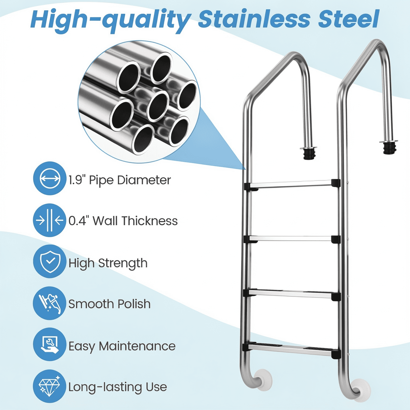 Biotree 4-Step Inground Pool Ladder Stainless Steel Swimming Pool Ladder with Non-Slip Pedals, 440 LBS Capacity Pool Ladder for Inground Swimming Pools, Silver