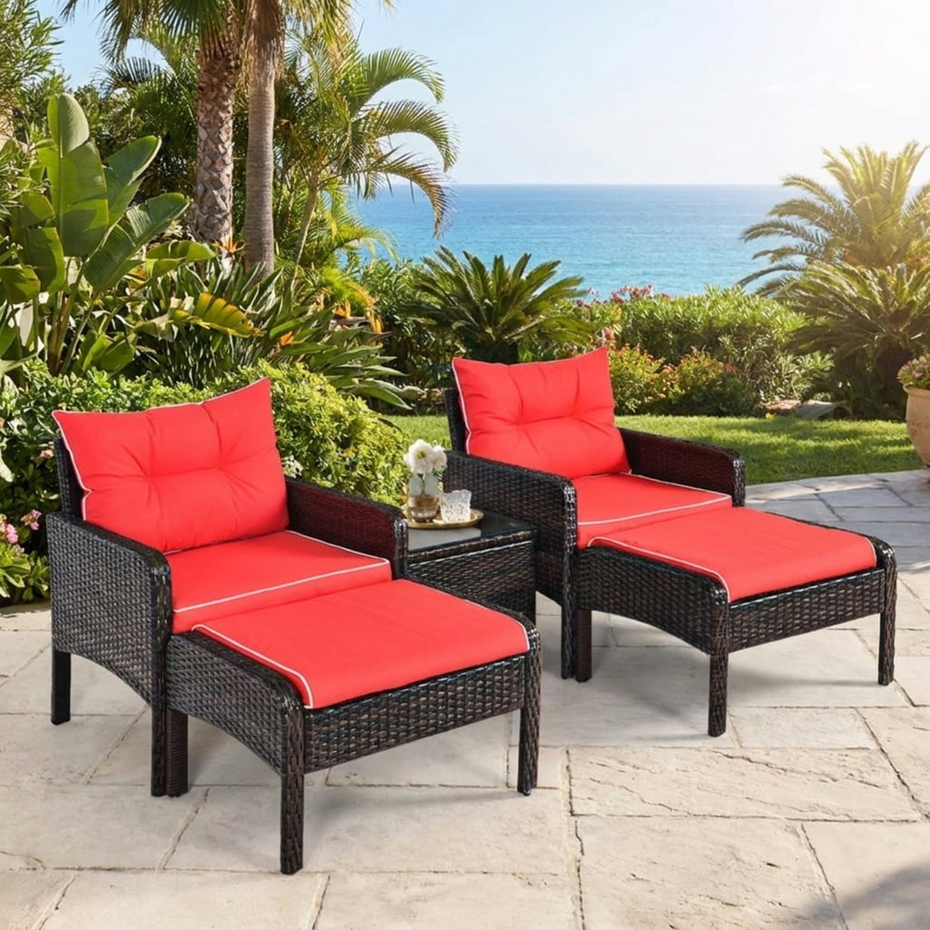 Biotree 5 Pieces Patio Rattan Sofa Ottoman Furniture Set with Cushions Outdoor Conversation Set for Garden Backyard PorchRed