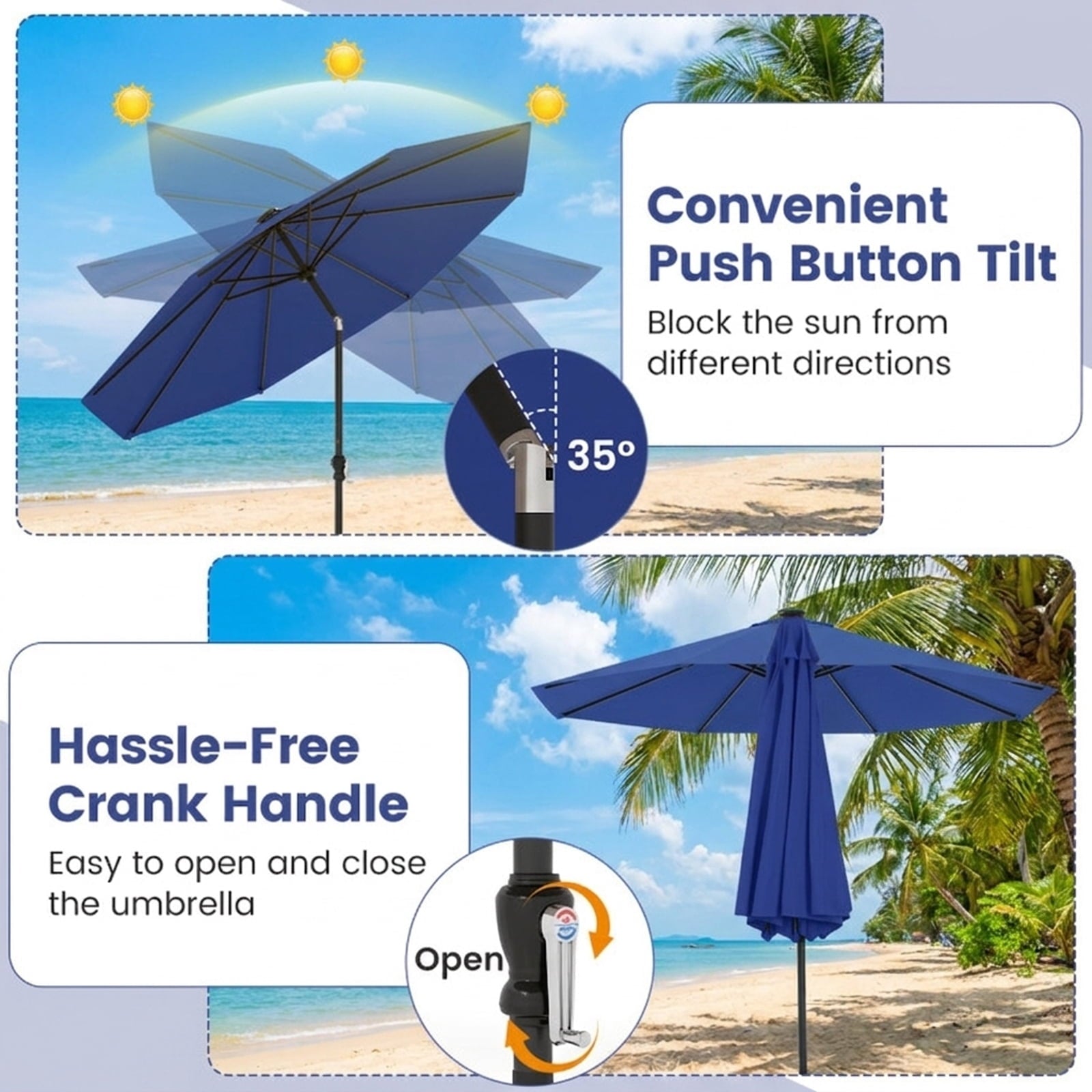 Biotree 10 ft Market Patio Umbrella with Crank and Tilt, 8 Sturdy Ribs, Vented Canopy - Navy Blue for Backyard