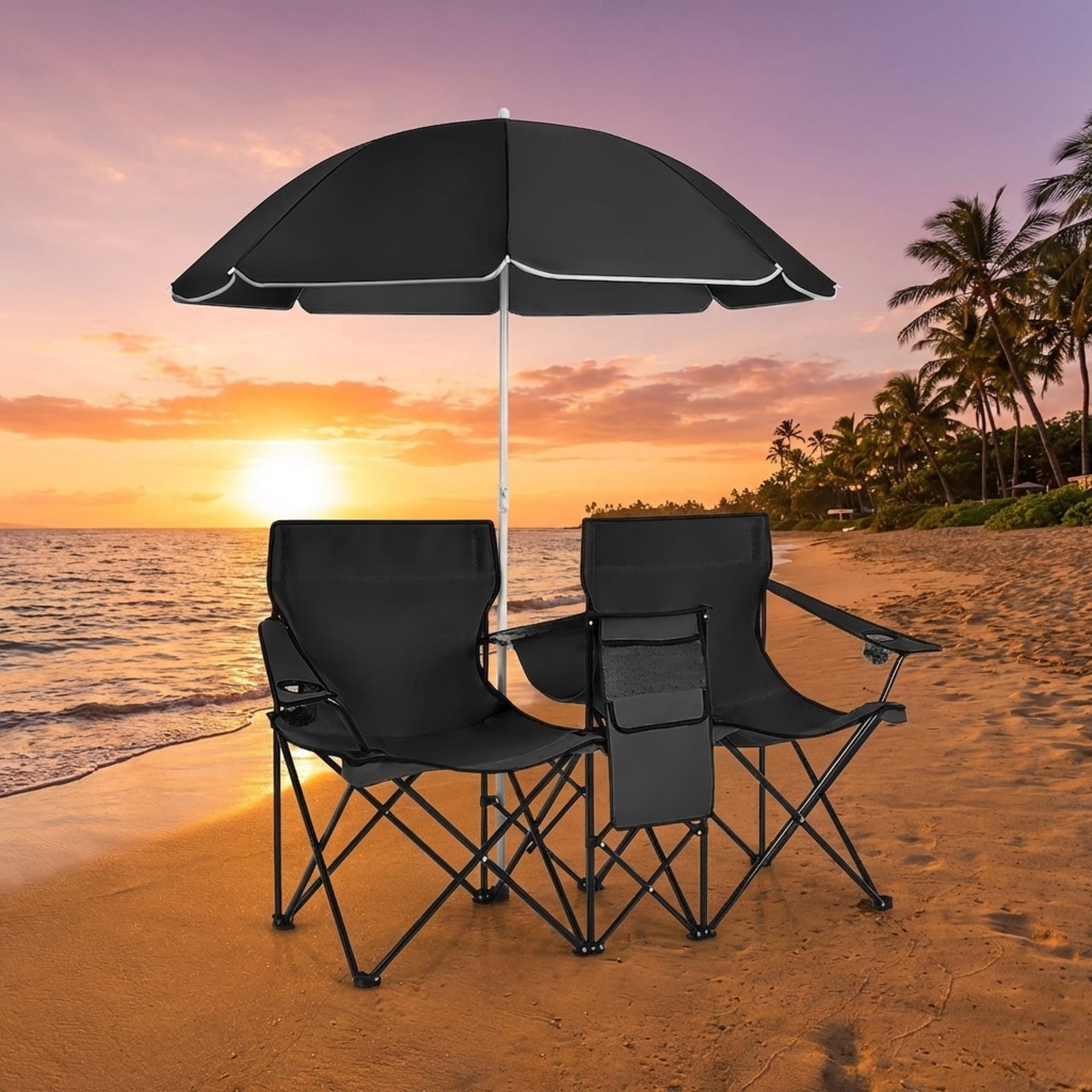 Biotree Double Camping Chair with Removable Umbrella Portable Folding Loveseat with Cooler Bag and Cup Holders for Beach Picnic, Black