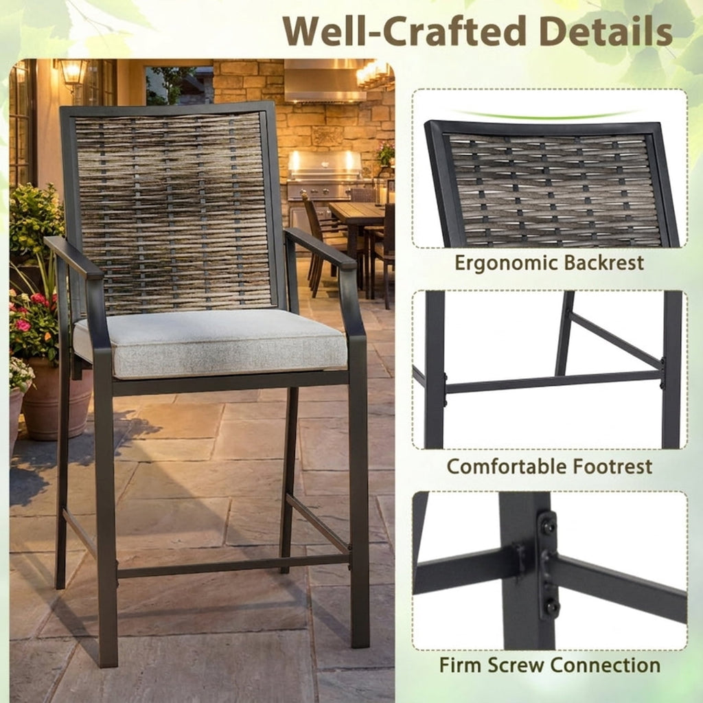 Biotree Set of 2 Patio Bar Stools 24-Inch Counter Height Wicker Bar Chairs with Cushions and Armrests, Grey