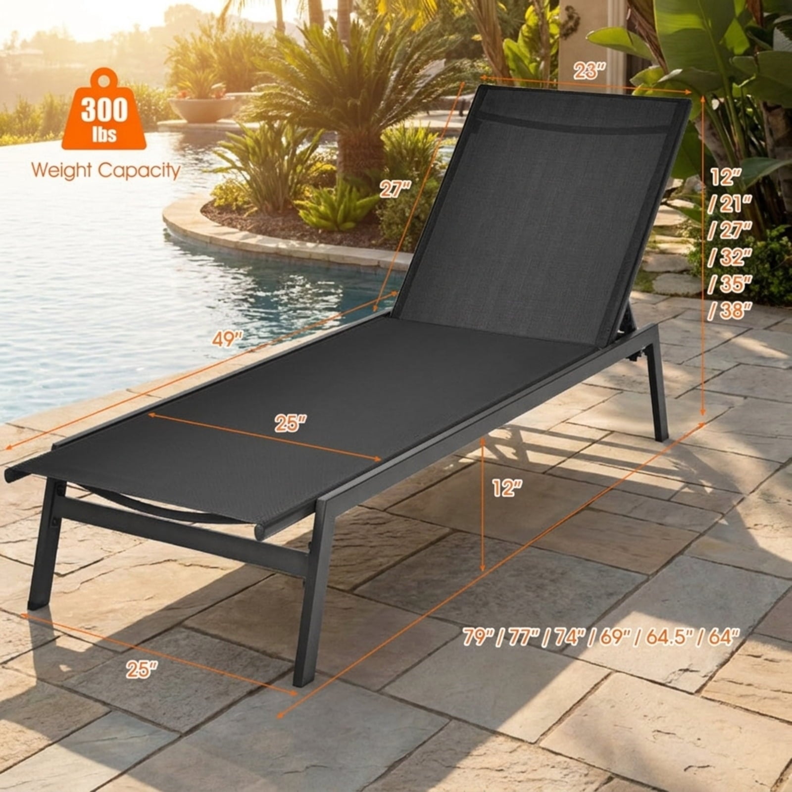 Biotree Outdoor Reclining Chaise Lounge Chair with 6-Position Adjustable Back Stackable Patio Chair for Garden BackyardBlack