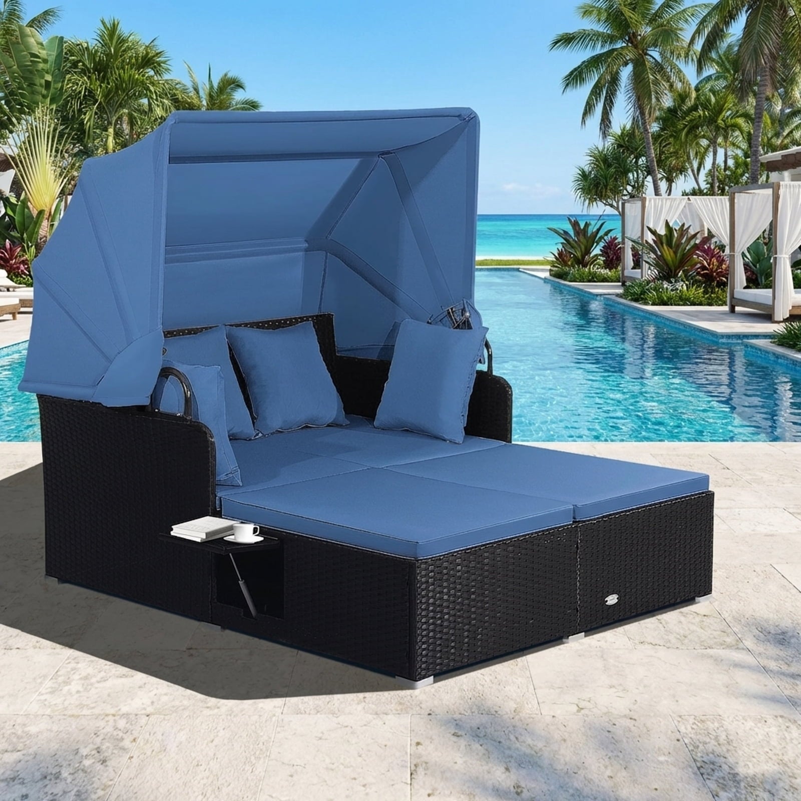 Biotree Patio Rattan Daybed with Retractable Canopy-Navy