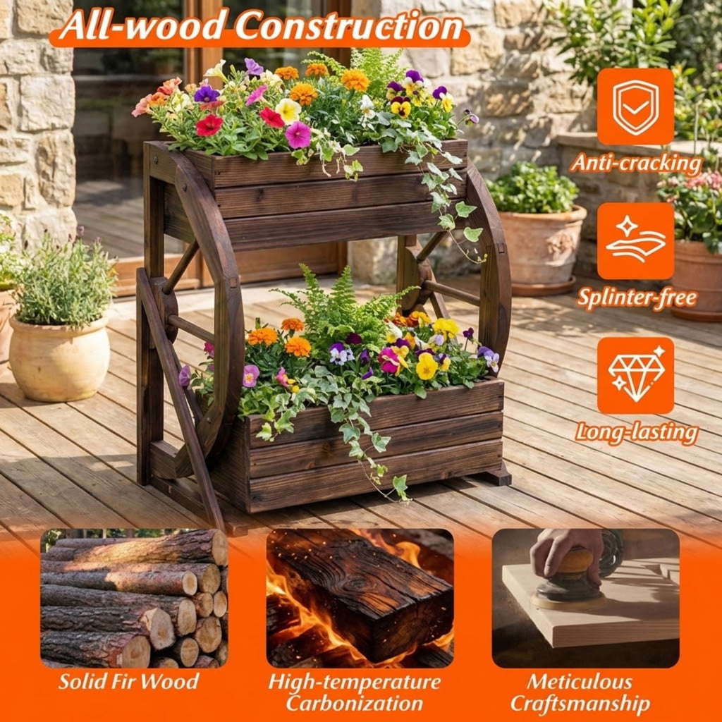 Biotree 2-tier Raised Garden Bed Rustic Wood Wagon Planter with Drainage Holes and Semi-wheels-Coffee Brown