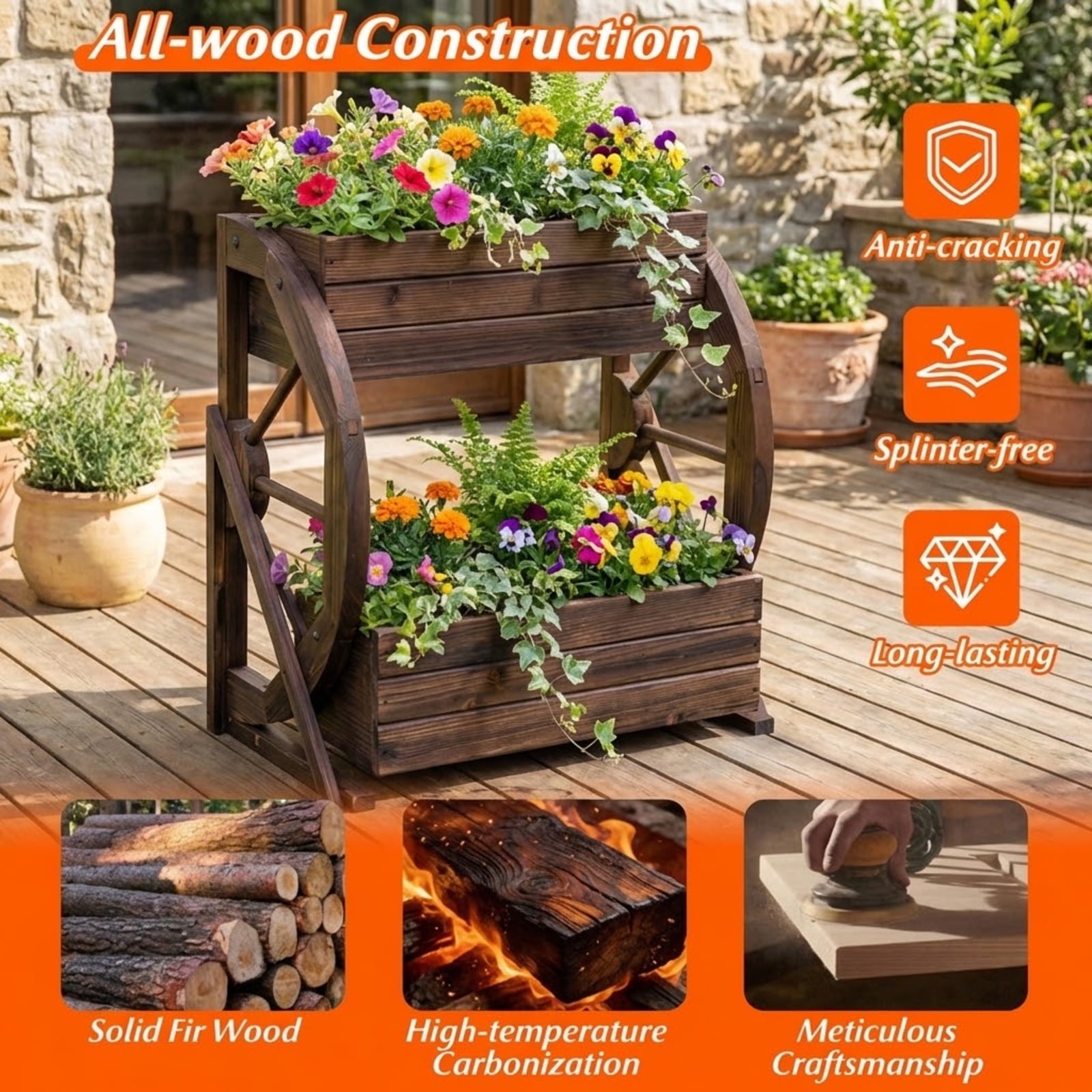 Biotree 2-tier Raised Garden Bed Rustic Wood Wagon Planter with Drainage Holes and Semi-wheels-Coffee Brown