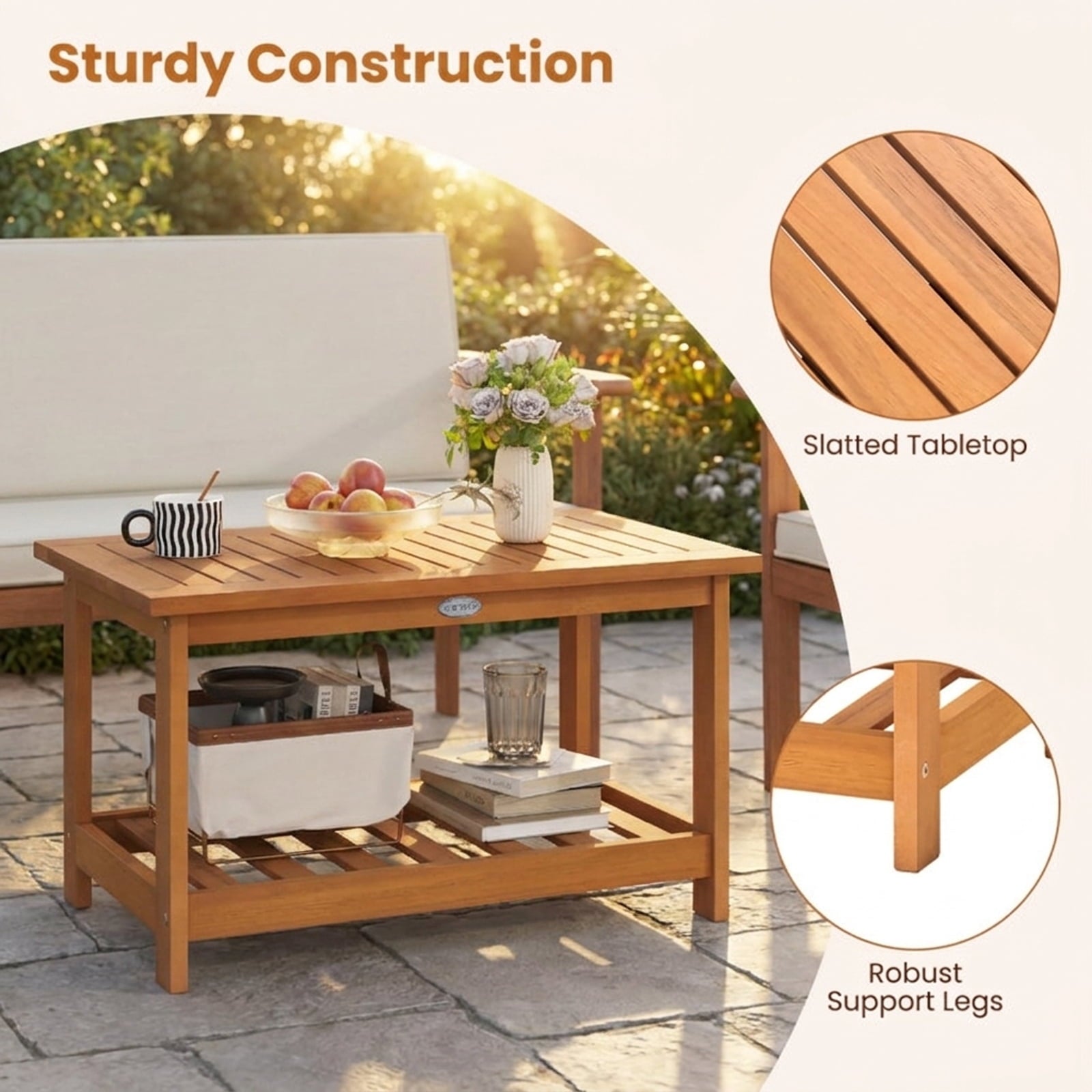 Biotree Patio Acacia Wood Coffee Table 2-Tier Rectangular Center Table, Natural