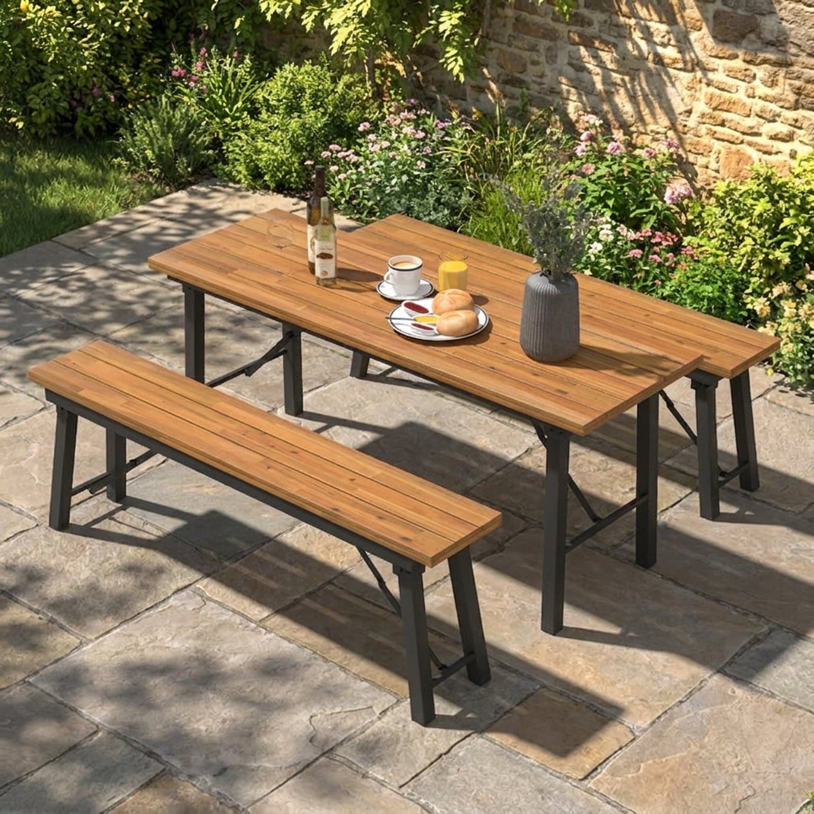 Biotree Folding Picnic Table Acacia Wood Dining Table with Metal Frame for Indoor Outdoor Activities, Natural
