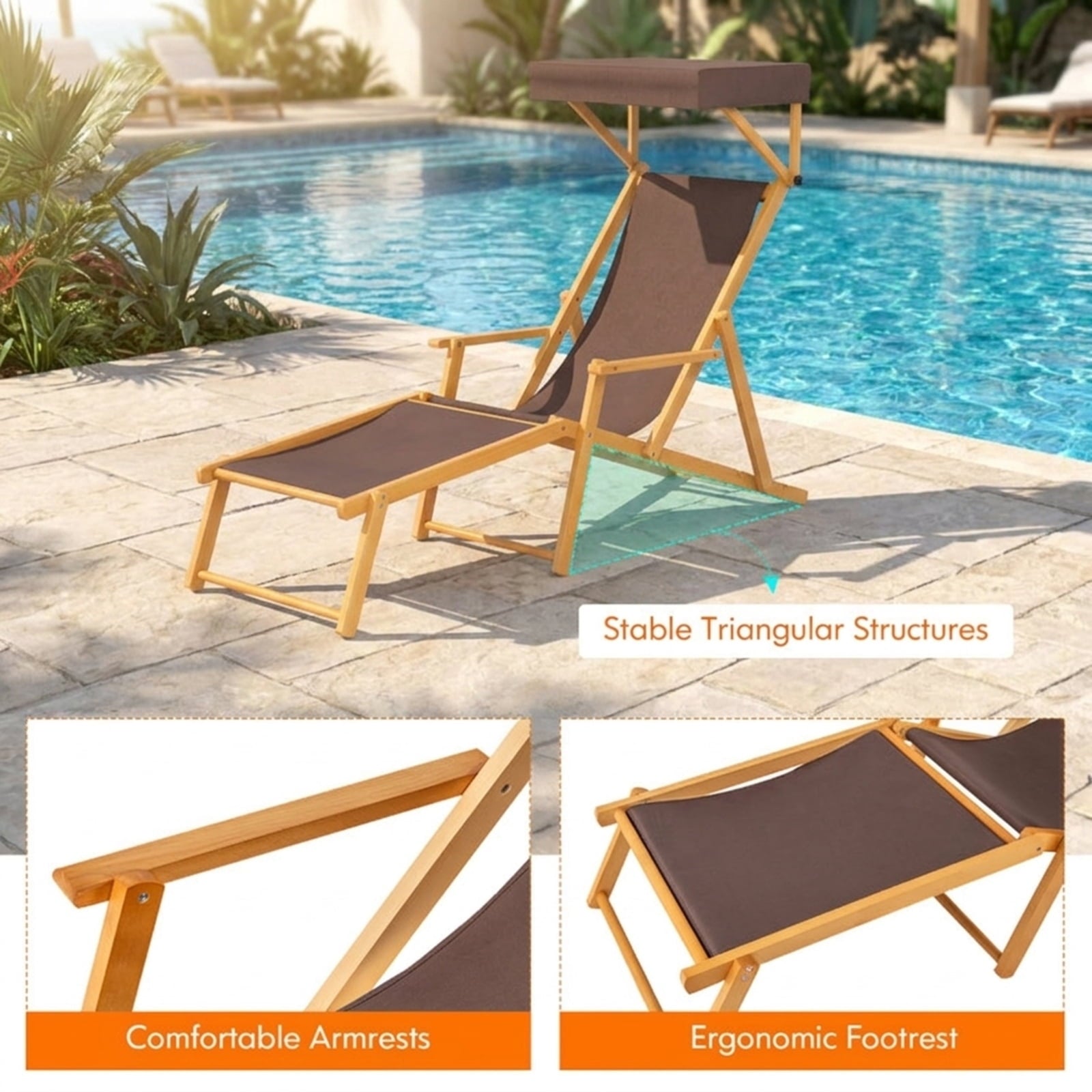 Biotree Birch Wood Chaise Lounge Chair Foldable Beach Chair with Adjustable Canopy Stackable Patio Chair for Garden BackyardBrown