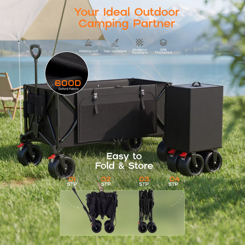 Biotree Collapsible Wagon Cart with Brakes, 300L 600Lbs Heavy Duty Folding Beach Wagon,All Terrain Utility Wagon for Camping Sports Garden Grocery, Black