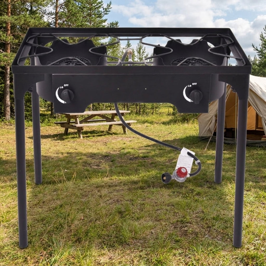 Biotree 150000 BTU Double Burner Outdoor Stove BBQ Grill for Outdoor Camping Backyard Patio Cooking, Black