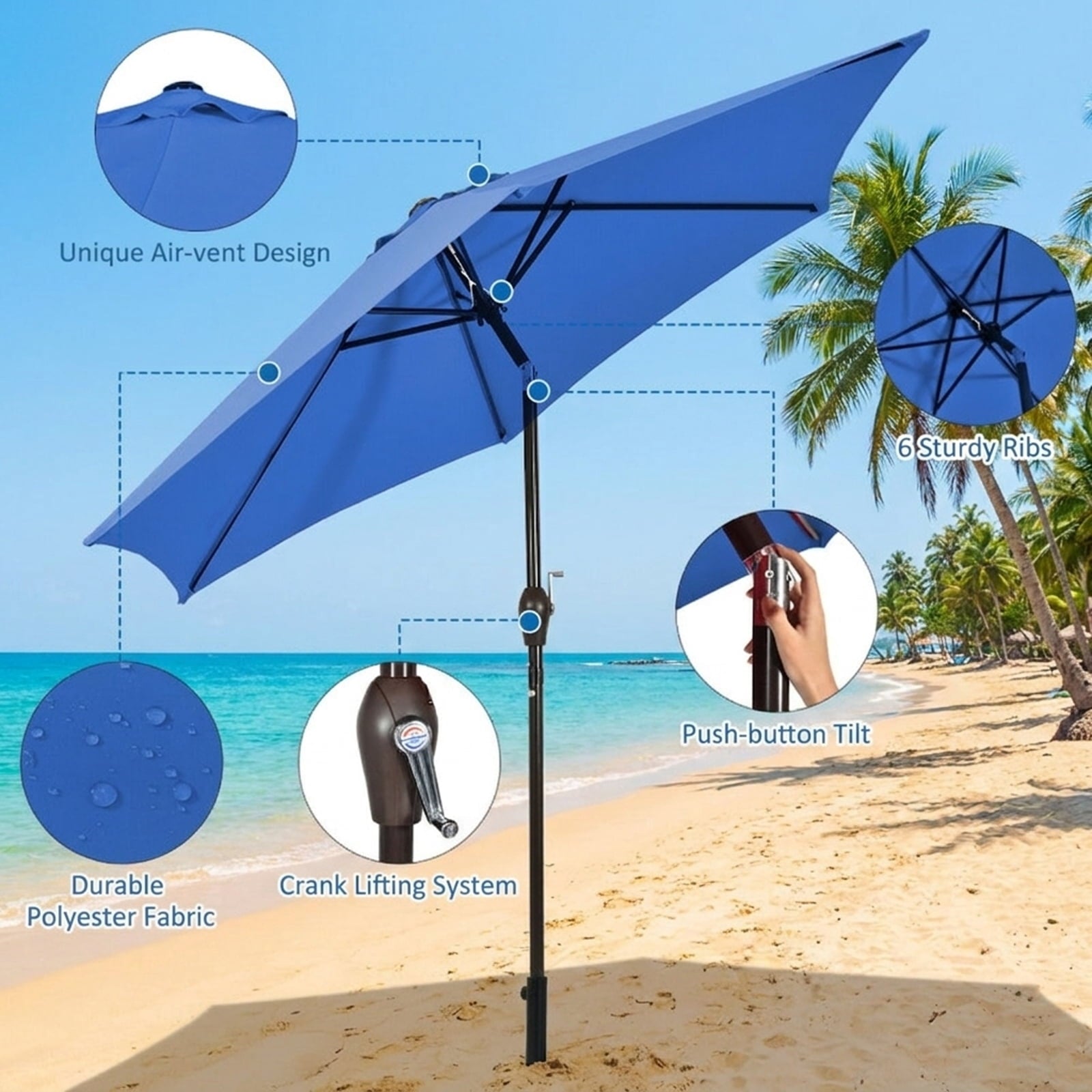 Biotree 9 ft Market Patio Umbrella with Crank and Tilt, 8 Sturdy Ribs, Vented Canopy - Blue for Backyard