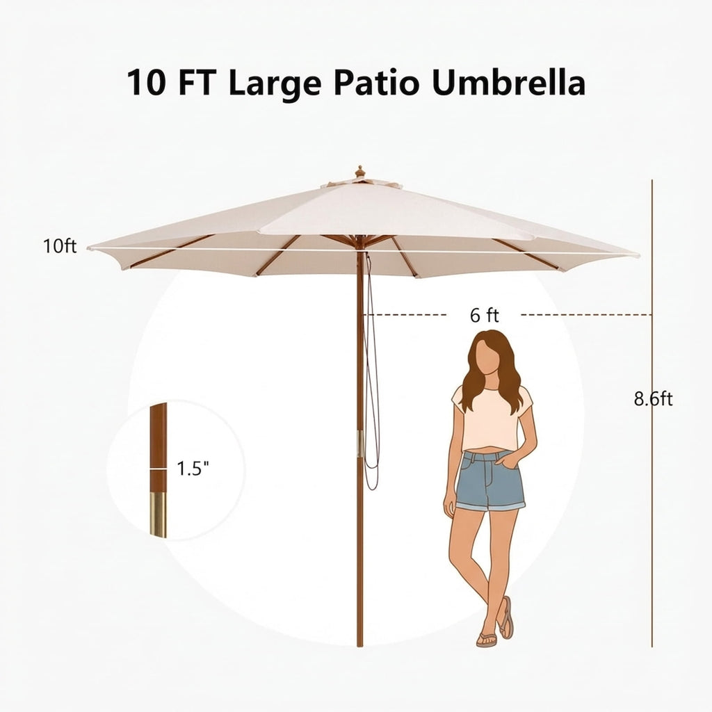 Biotree 10 Feet Patio Umbrella with 8 Wooden Ribs and 3 Adjustable Heights-Beige Deck Garden Pool Outdoor Living