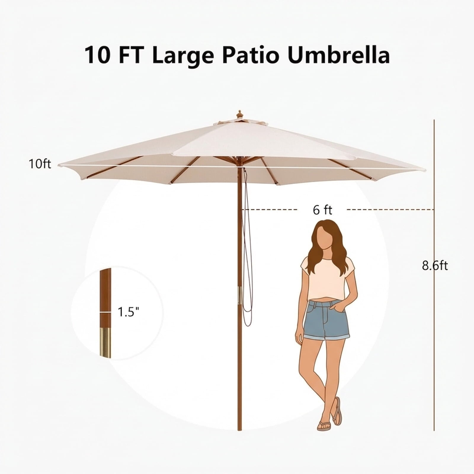 Biotree 10 Feet Patio Umbrella with 8 Wooden Ribs and 3 Adjustable Heights-Beige Deck Garden Pool Outdoor Living
