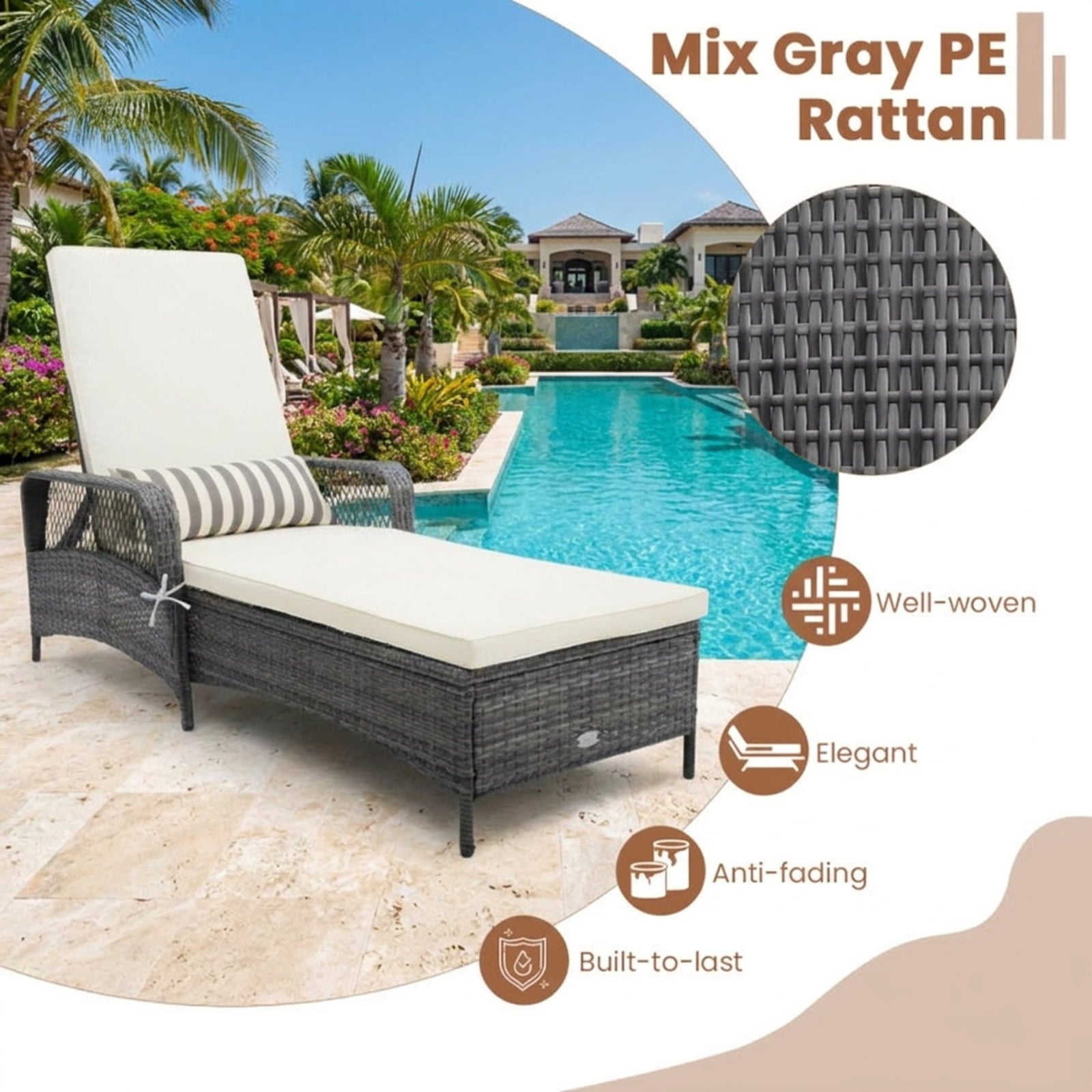 Biotree Outdoor Chaise Lounge Chair Recliner with 6-Level Backrest Cushion and PillowMix Gray/Gray