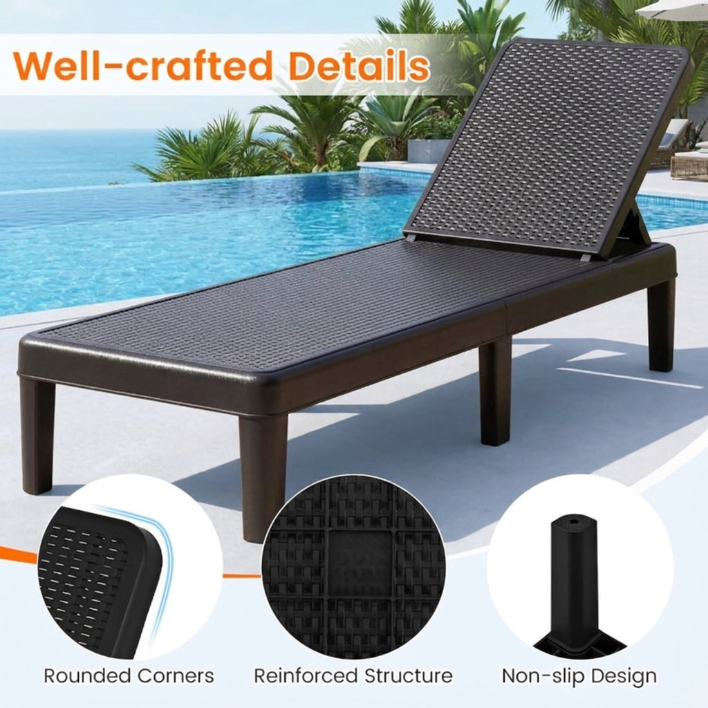 Biotree Outdoor Chaise Lounger Chair with Waterproof Rattan Textured PP Surface and 330 Lbs CapacityBlack