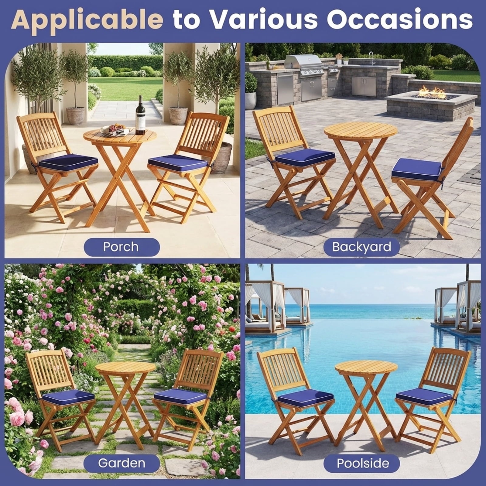 Biotree 3-Piece Acacia Wood Folding Bistro Set with Cushions-Navy