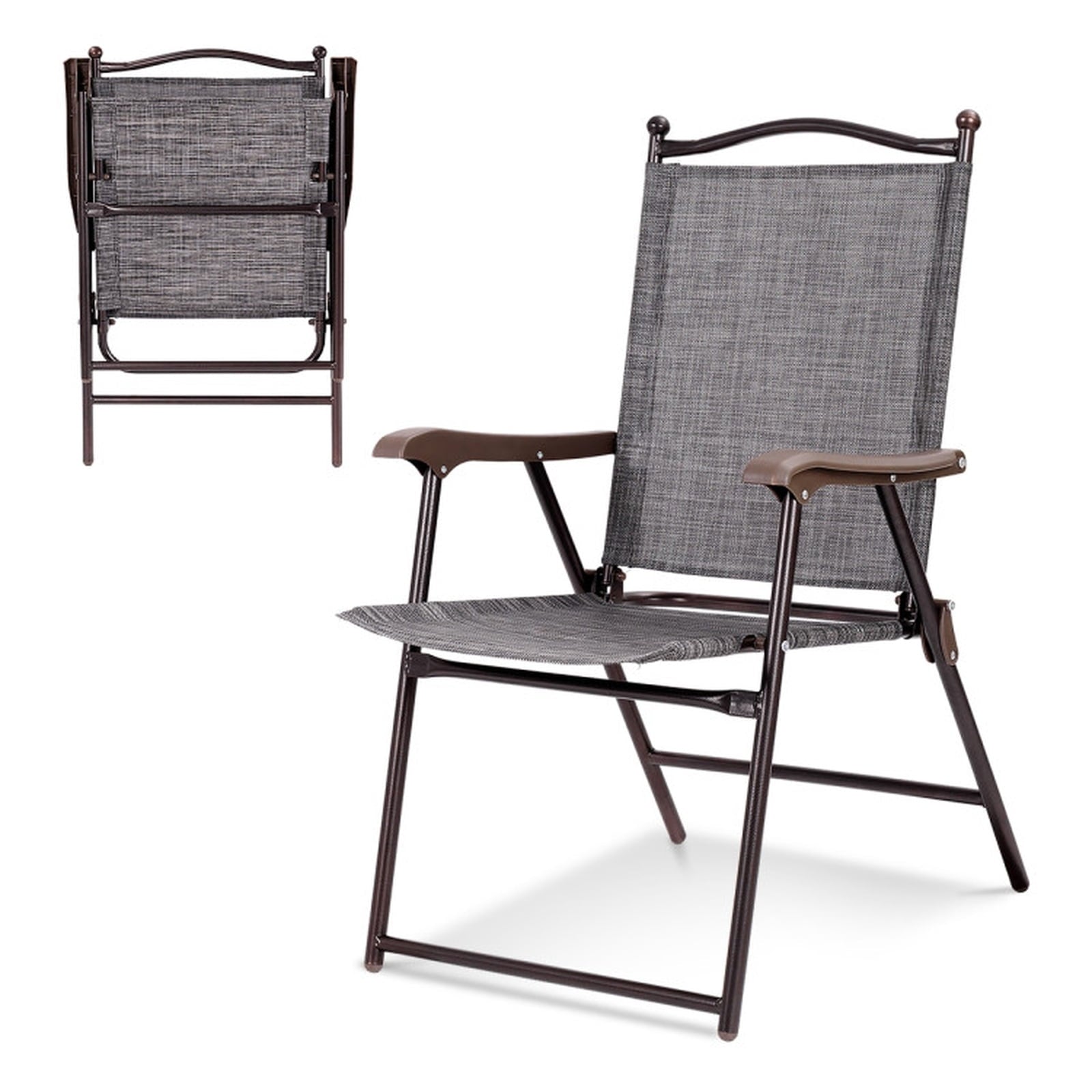 Biotree Set of 2 Patio Folding Sling Back Camping Deck Chairs Stackable Patio Chair for Garden BackyardGray