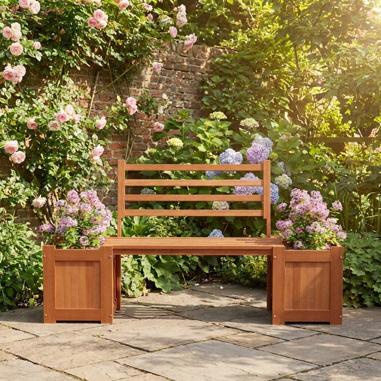 Biotree Wood Planter Box with Bench and Backrest for Garden Yard Balcony, 68x18.5x36 Inch Outdoor Hardwood Combination Plant Container and Patio Seating, Natural