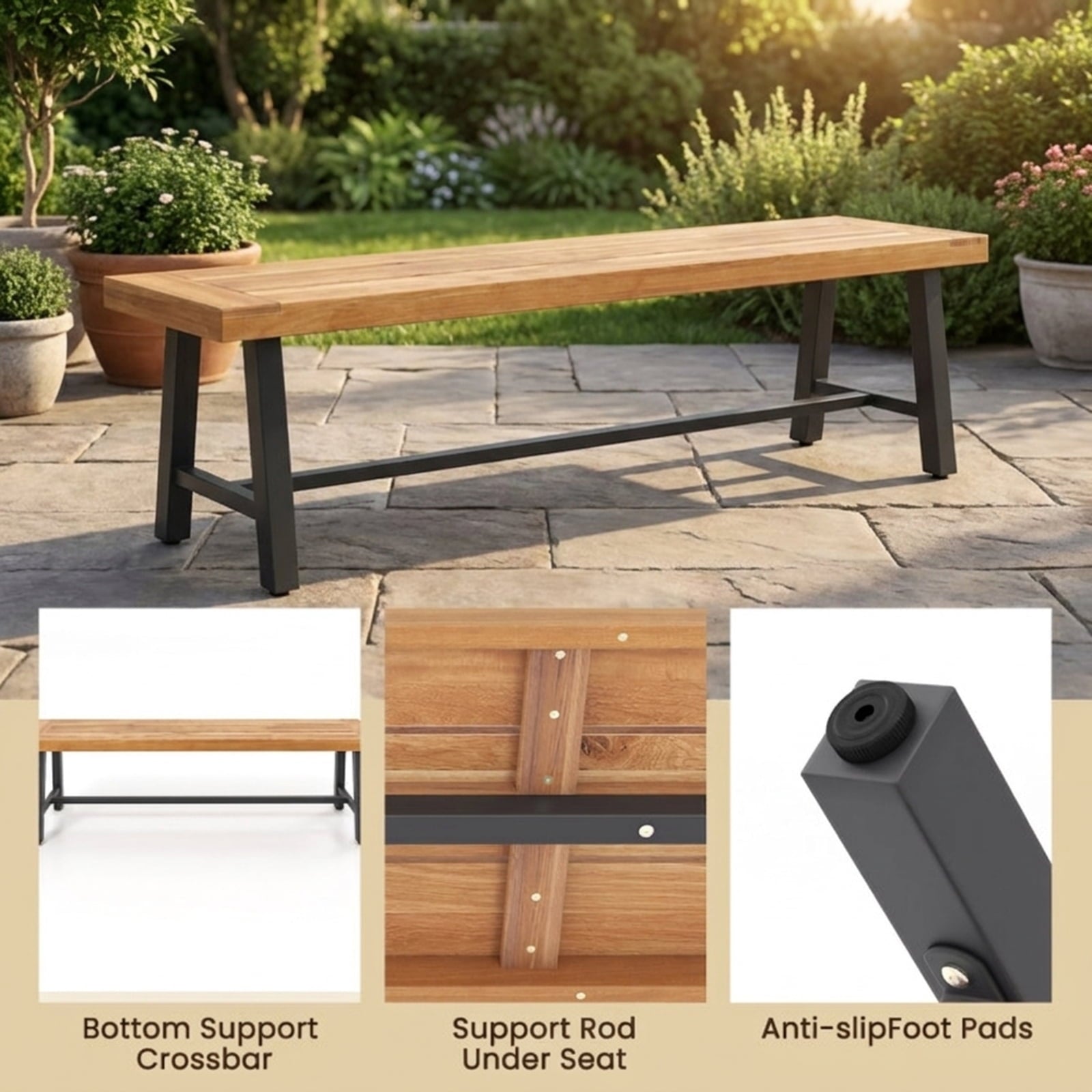 Biotree 63 Inch 3-Person Acacia Patio Wood Outdoor Backless Bench-Set of 1 Stackable Patio Chair for Garden BackyardNatural and Black