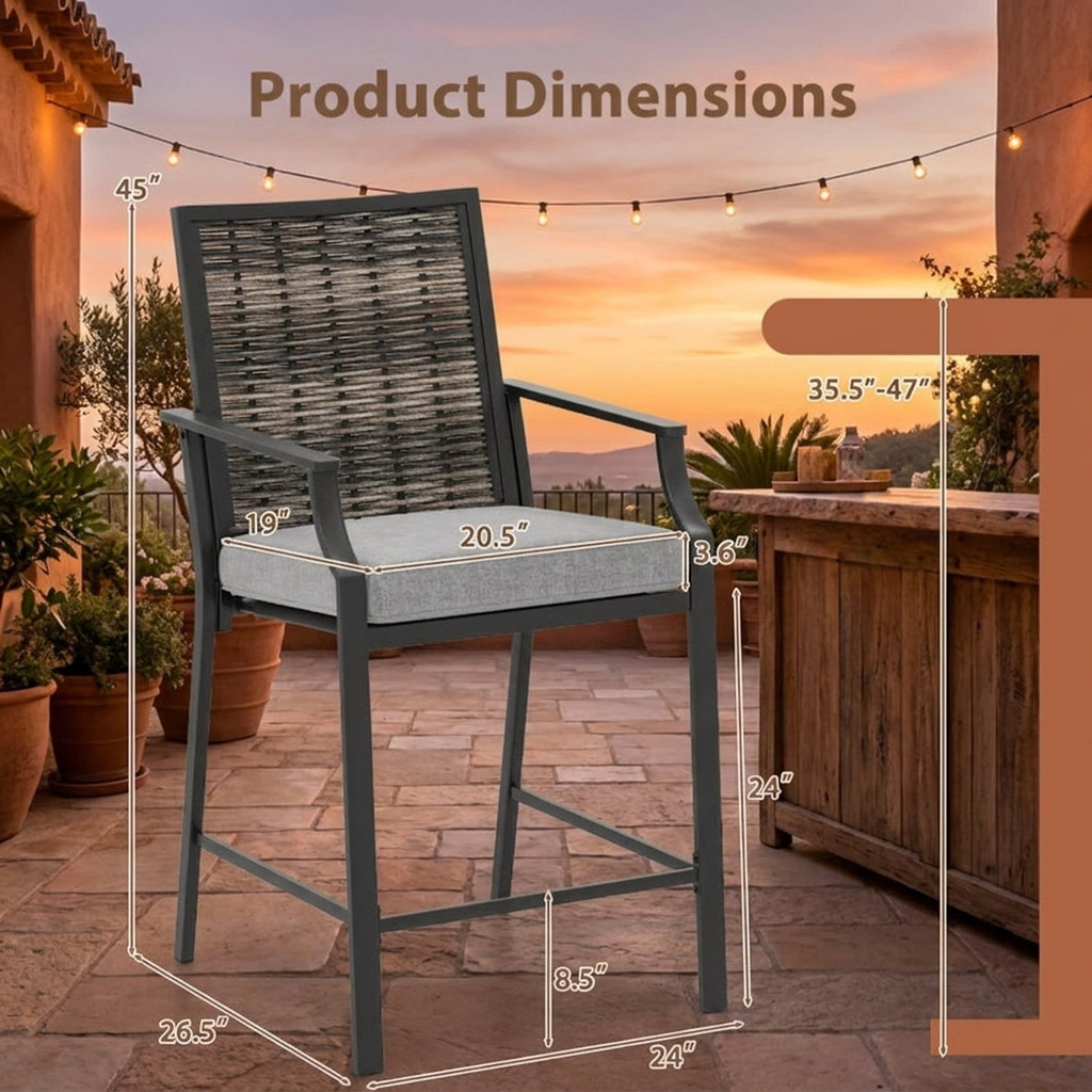Biotree Set of 2 Patio Bar Stools 24-Inch Counter Height Wicker Bar Chairs with Cushions and Armrests, Grey