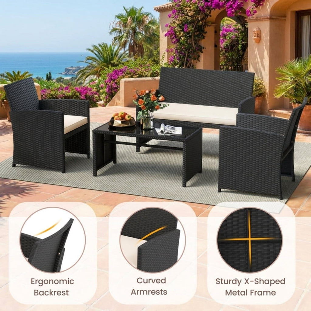 Biotree 4 Pieces Patio Furniture Set with Tempered Glass Tabletop and Removable Cushion Outdoor Conversation Set for Garden Backyard PorchWhite