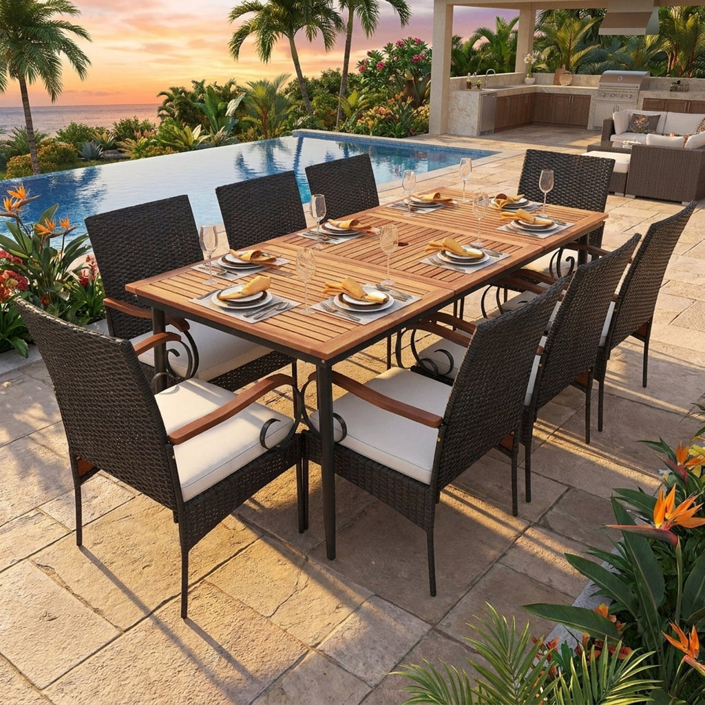 Biotree 9 Pieces Rattan Patio Dining Set with Acacia Wood Table and Cushioned Chair Outdoor Conversation Set for Garden Backyard PorchMix Gray