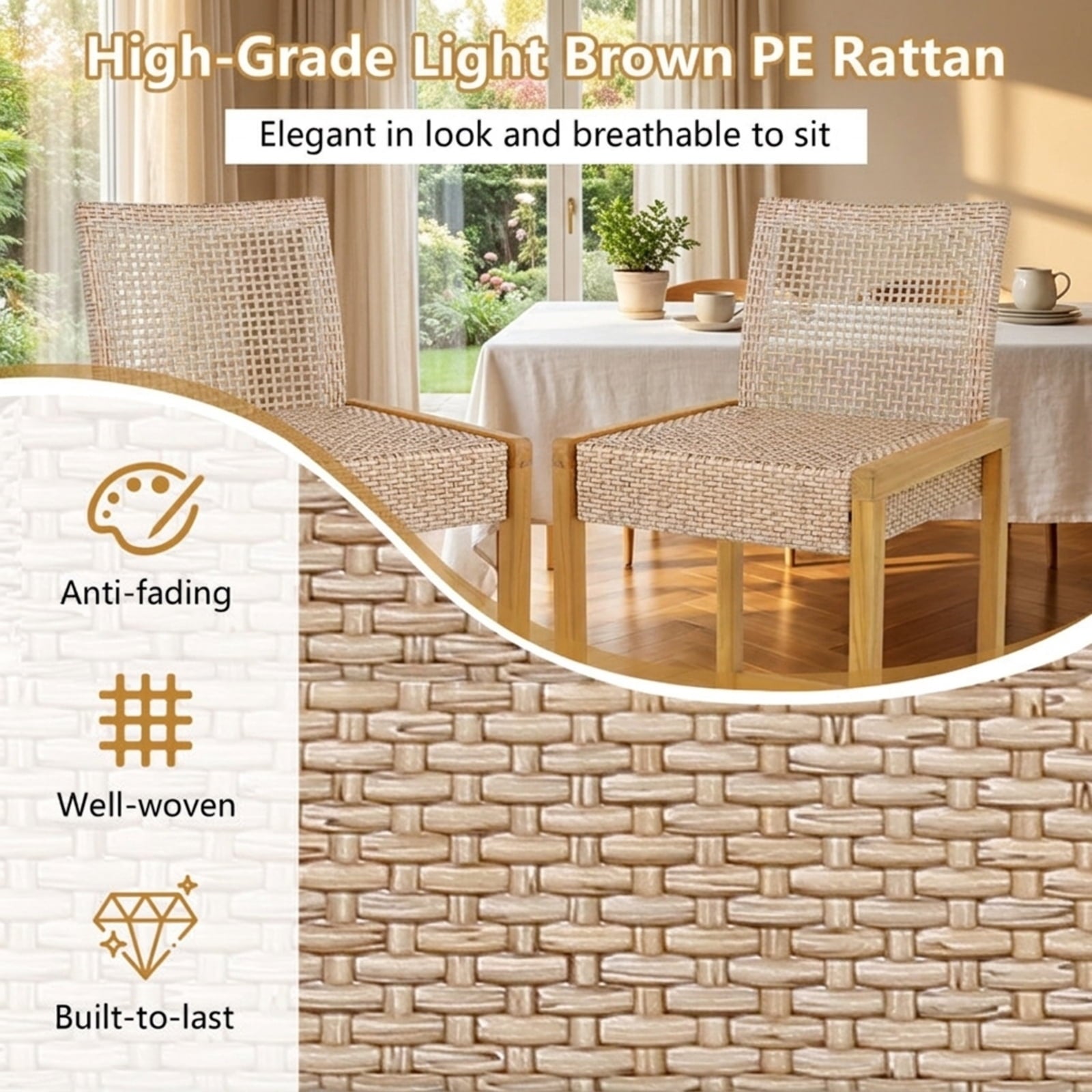 Biotree Set of 2 Rattan Patio Wood Barstools Dining Chairs with Backrest-Set of 2 Stackable Patio Chair for Garden BackyardLight Brown