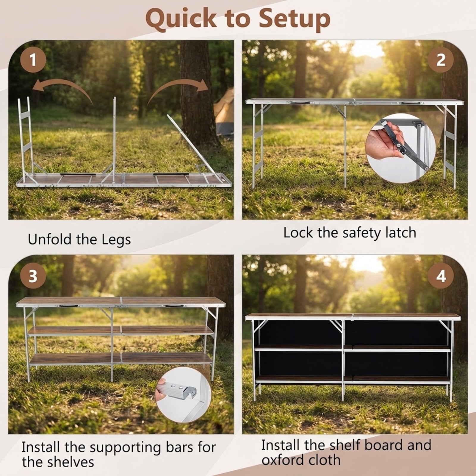 Biotree Aluminum Portable Picnic Table with 2-Tier Open Shelves and Spacious Tabletop Folding Camping Table for Outdoor, Brown