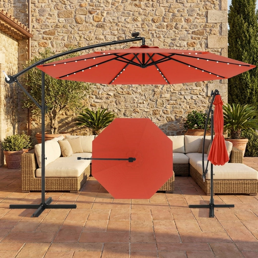 Biotree 10 ft Cantilever Offset Patio Umbrella Solar Powered Outdoor Shade - Orange - UV Protection with Cross Base
