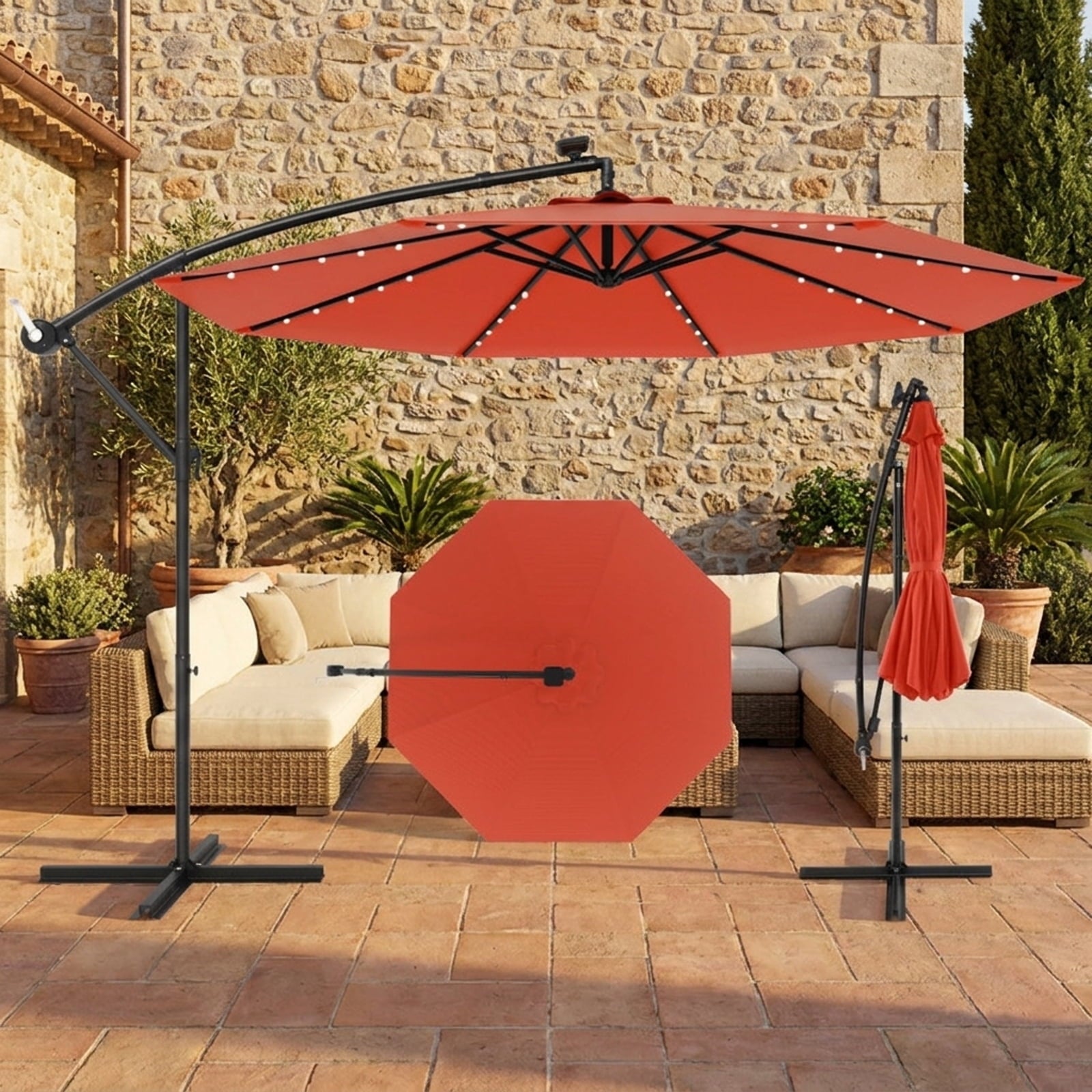 Biotree 10 ft Cantilever Offset Patio Umbrella Solar Powered Outdoor Shade - Orange - UV Protection with Cross Base