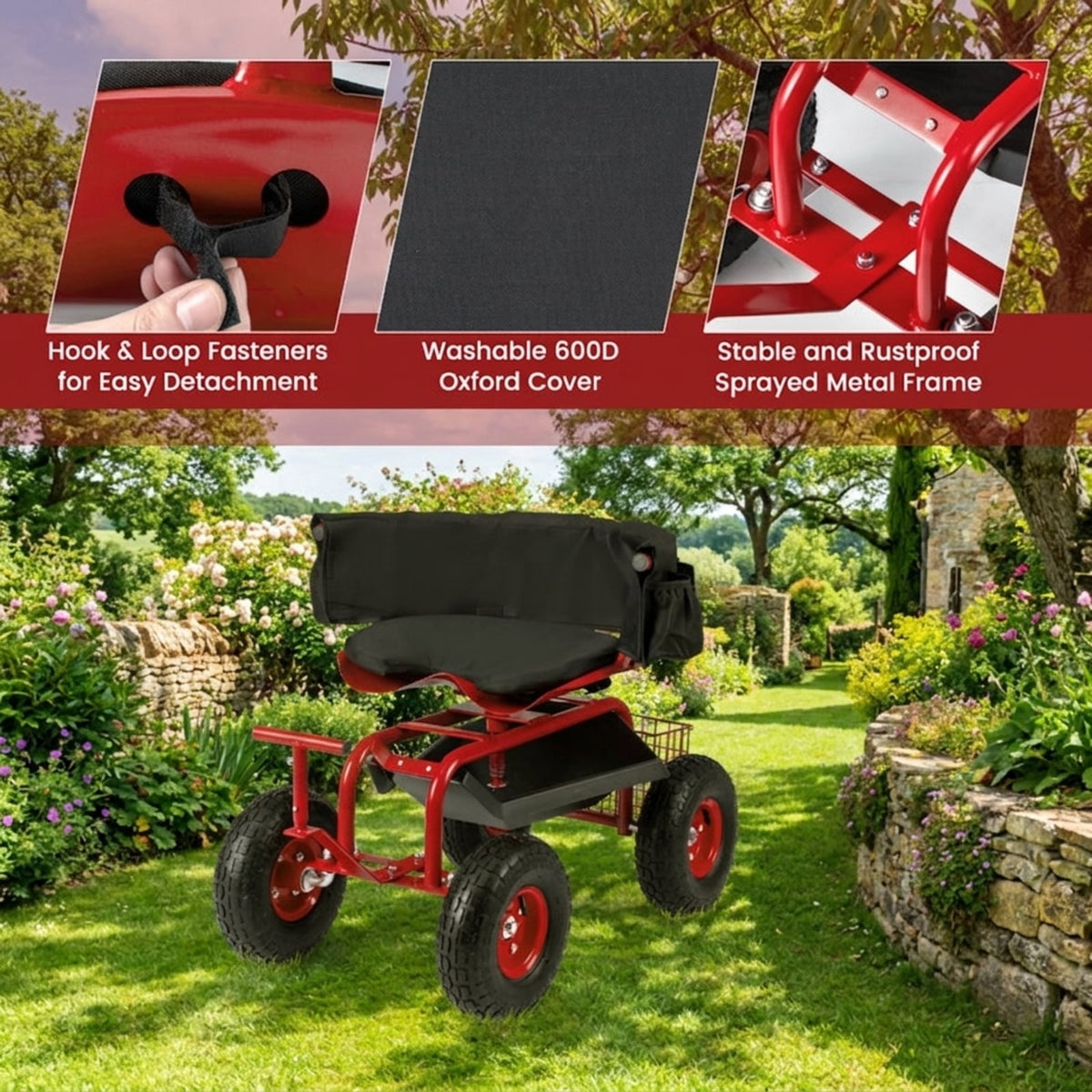 Biotree 330lbs Rolling Garden Cart with Height Adjustable 360¡ãSwivel Seat, Garden Scooter with Storage Basket, Sit Down Garden Cart with Tool Tray for Weeding Planting Gardening Red