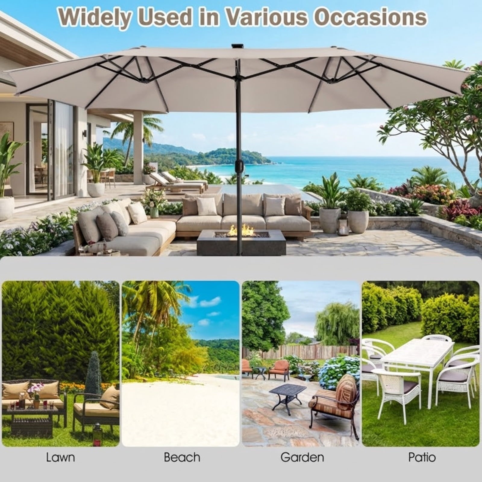 Biotree 15 Feet Twin Patio Umbrella with 48 Solar LED Lights-Beige Beige/Light Brown/Orange/Dark Red/Gray/Turquoise