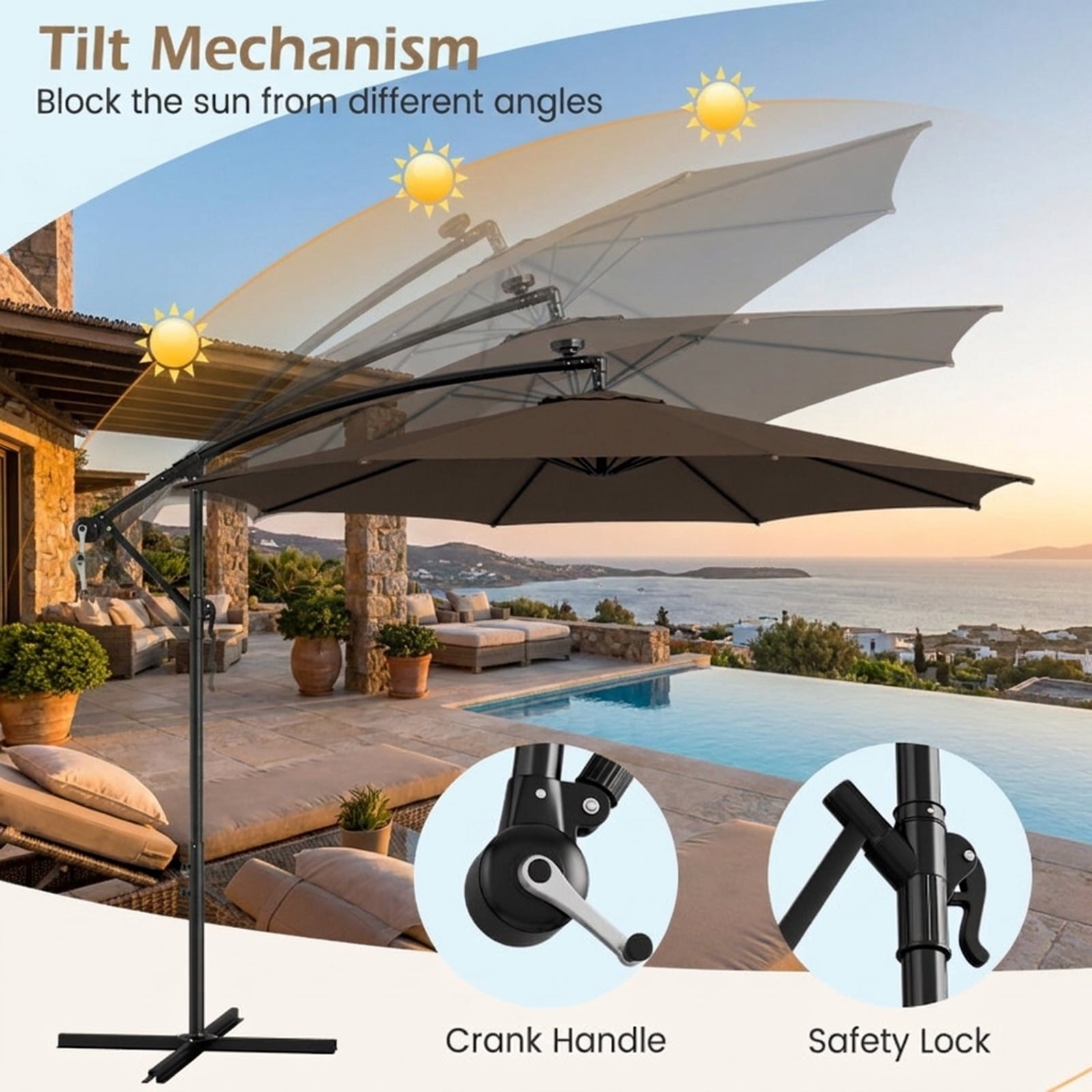 Biotree 10 ft Cantilever Offset Patio Umbrella Solar LED Lights Outdoor Shade - Brown - UV Protection
