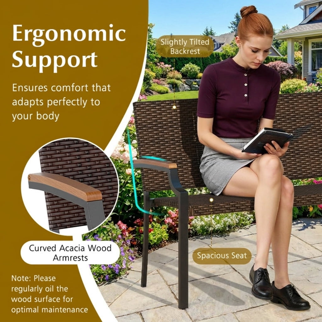 Biotree Patio Wicker Loveseat Chair with Acacia Wood Armrests and Metal Frame Stackable Patio Chair for Garden BackyardMix Brown