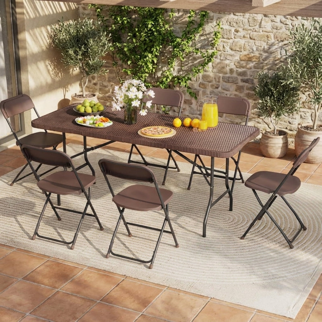 Biotree 6 ft Portable Folding Table with Rattan-Like HDPE Tabletop and Safe Lock Mechanism, Coffee