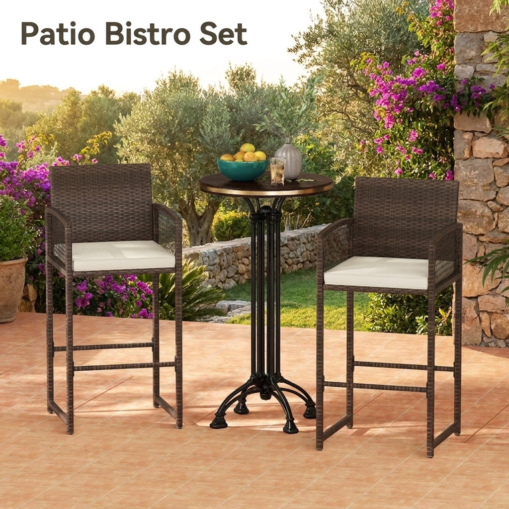 Biotree Set of 2 Outdoor PE Rattan Bar Stools with Cushioned Seats, Brown/White - Outdoor Patio Bar Height Chair with Footrest