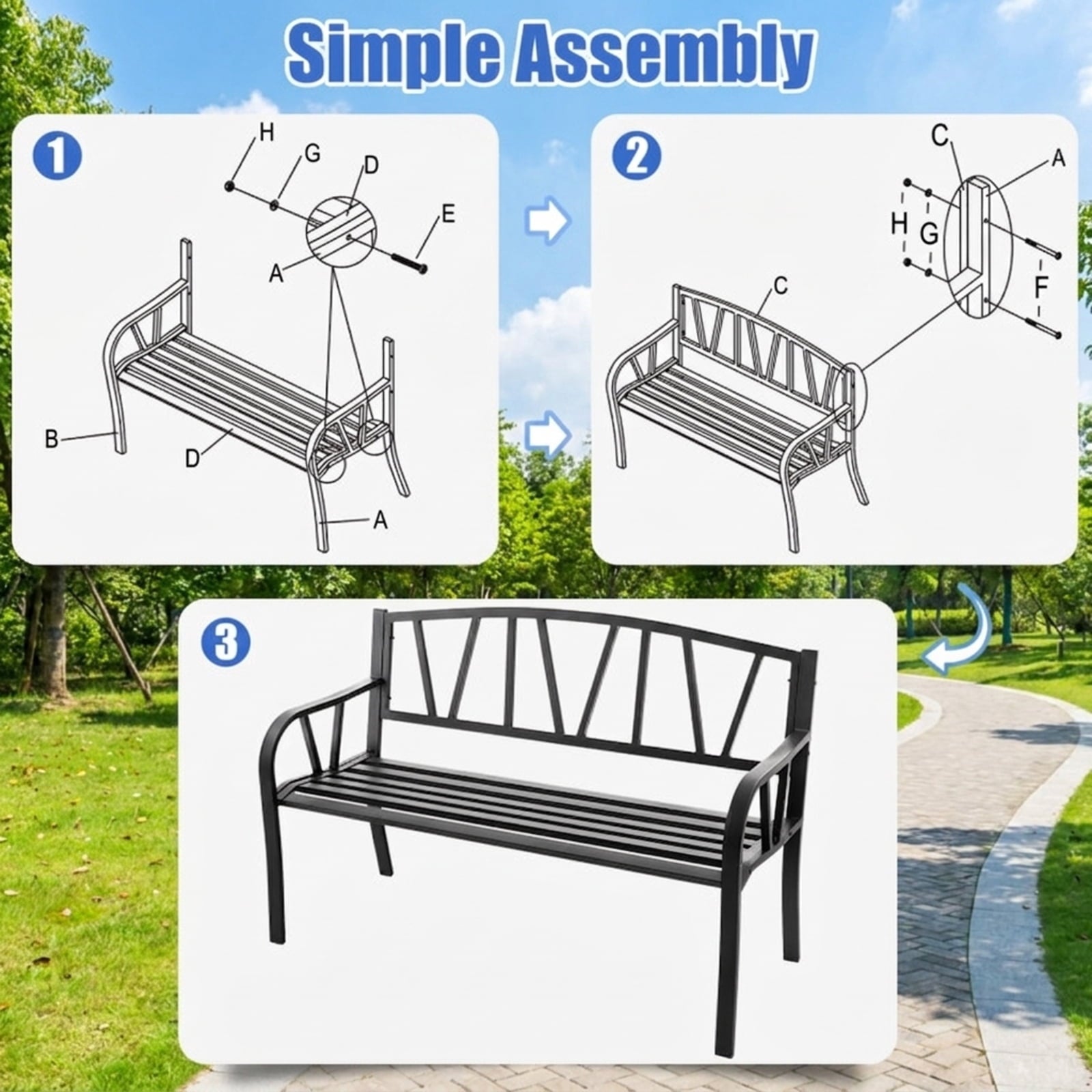 Biotree Patio Garden Bench with Metal Frame and Slatted Seat Stackable Patio Chair for Garden BackyardBlack