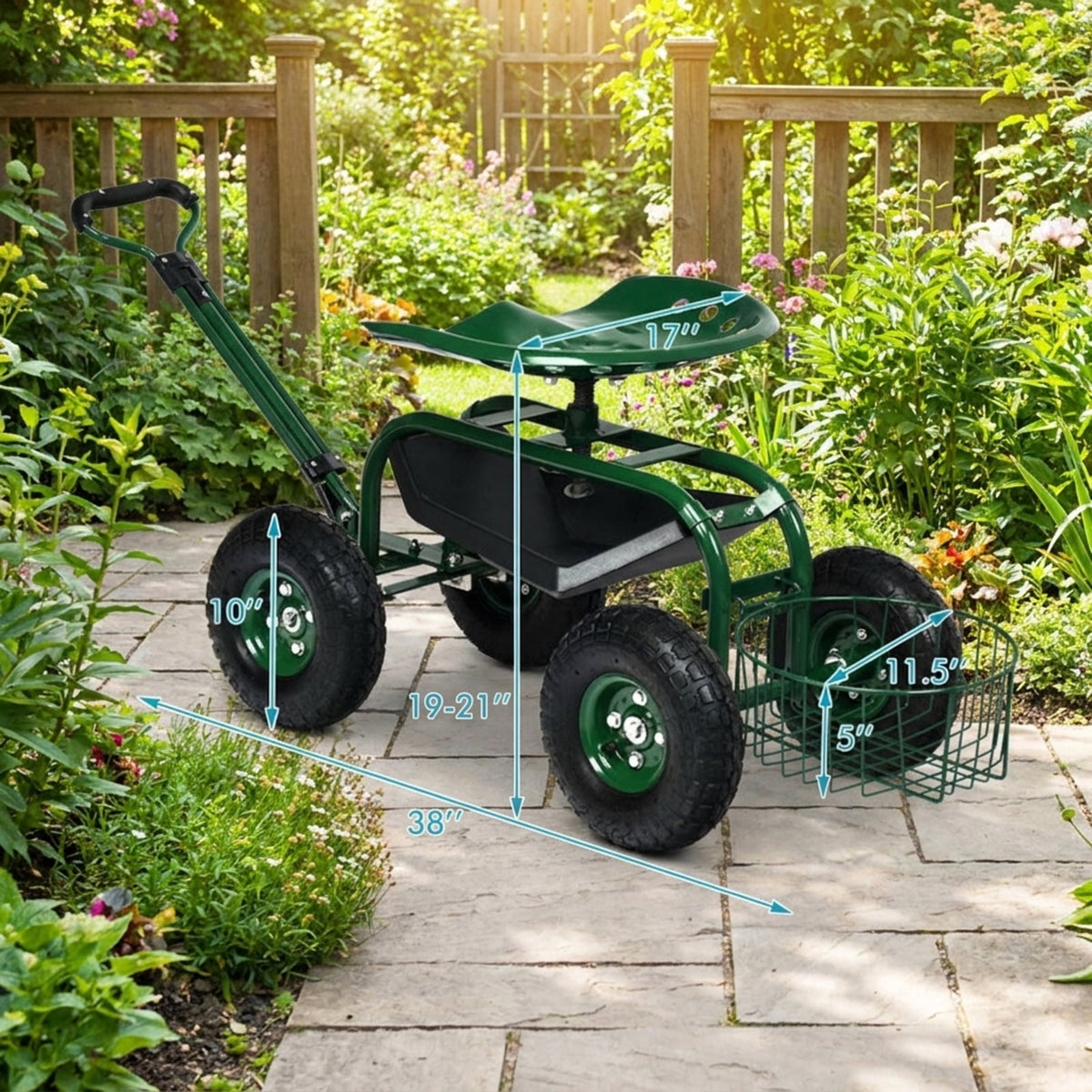 Biotree Rolling Garden Cart with 360¡ã Swivel Seat, Height Adjustable Garden Scooter, Heavy Duty Yard Cart with Tool Tray and Storage Basket for Gardening Weeding Yard Work Green