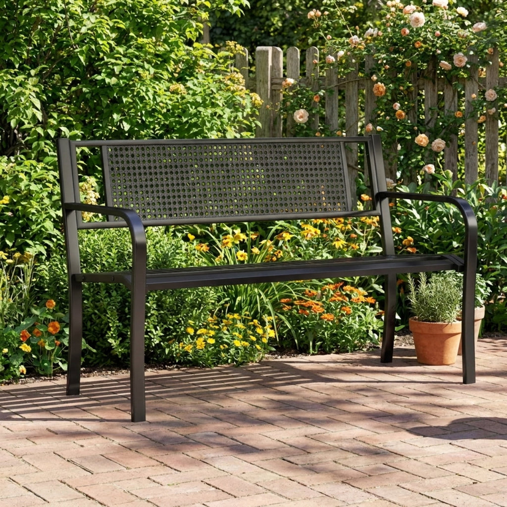 Biotree 50 Inches Garden Bench with Patterned Backrest and Curved Armrests Stackable Patio Chair for Garden BackyardBlack