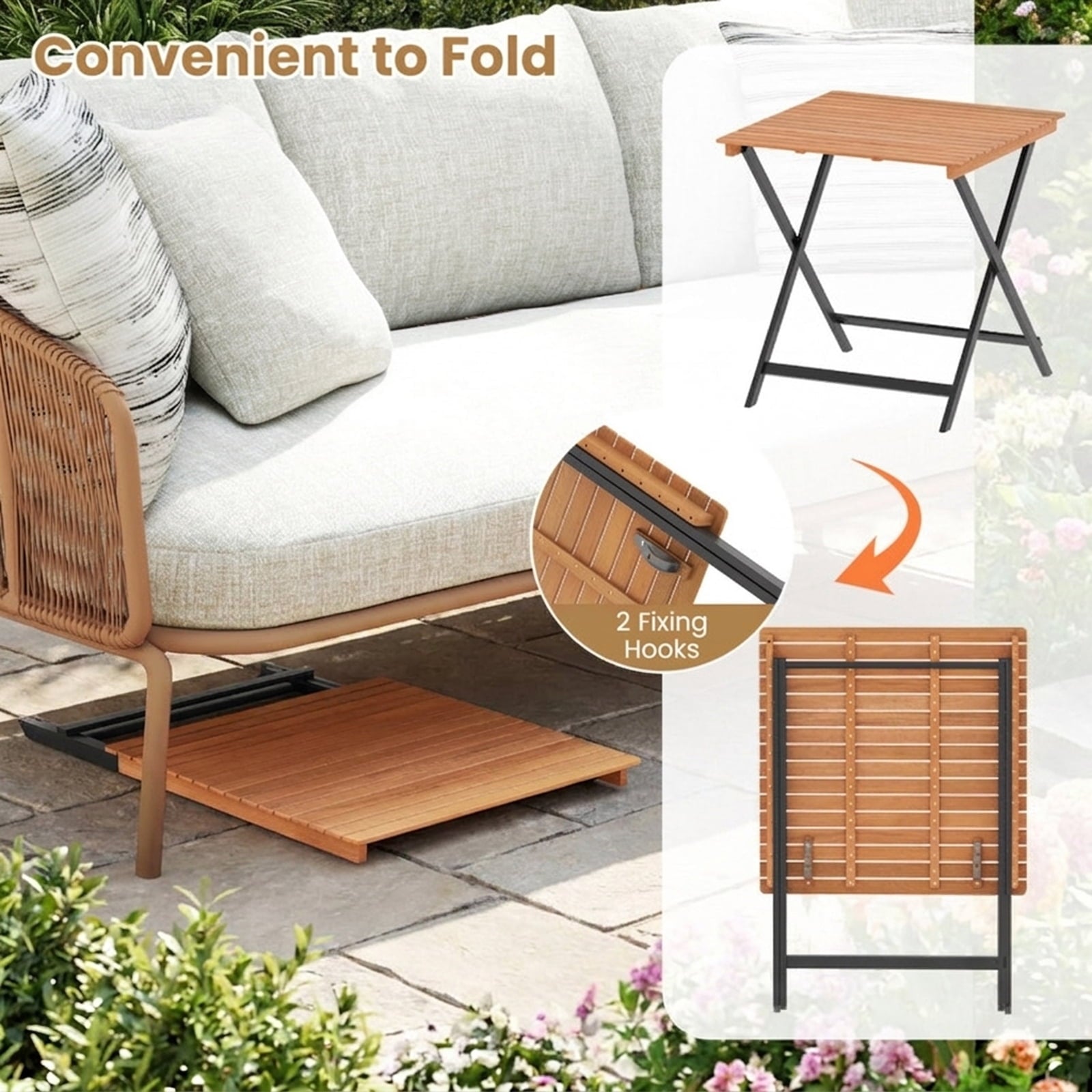 Biotree 28 Inch Patio Folding Square Table with Slatted Tabletop for Backyard Porch, Black