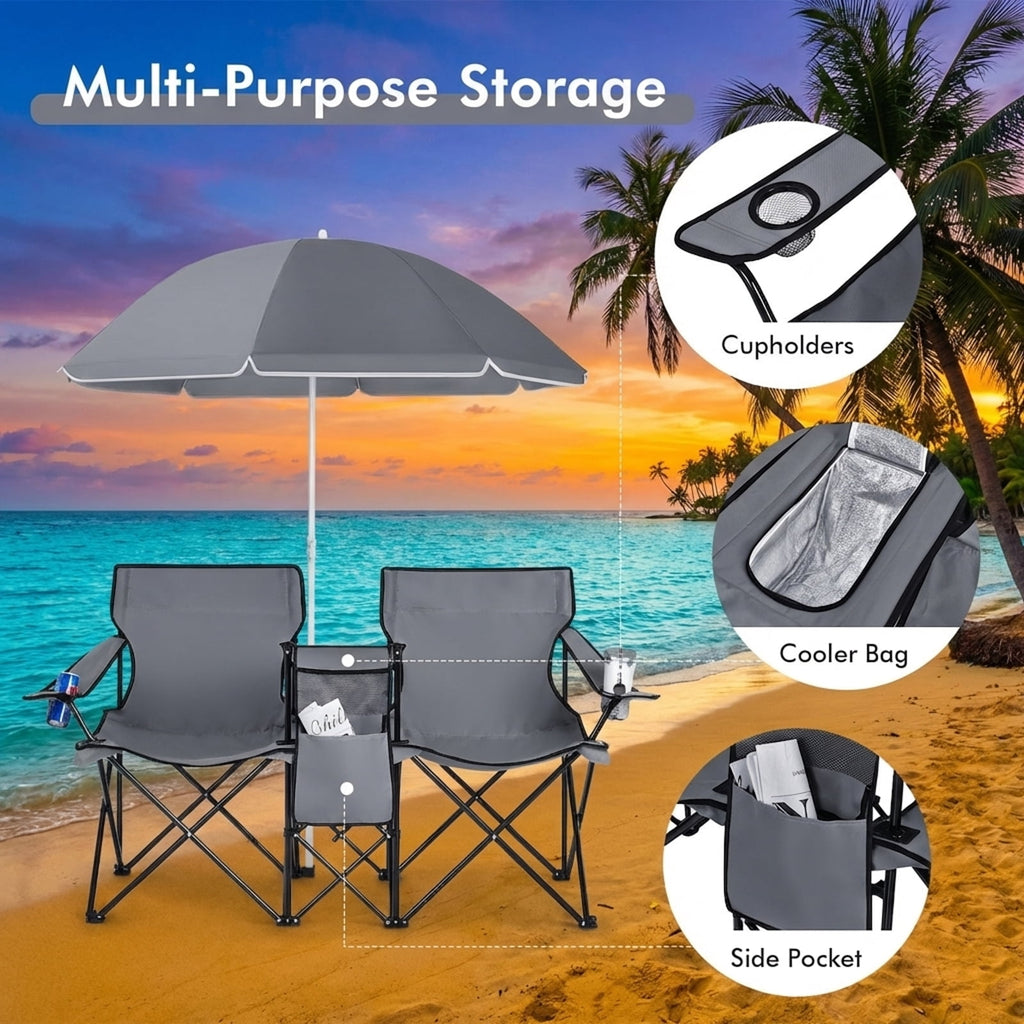 Biotree Double Camping Chair with Removable Umbrella Portable Folding Loveseat with Cooler Bag and Cup Holders for Beach Picnic, Gray
