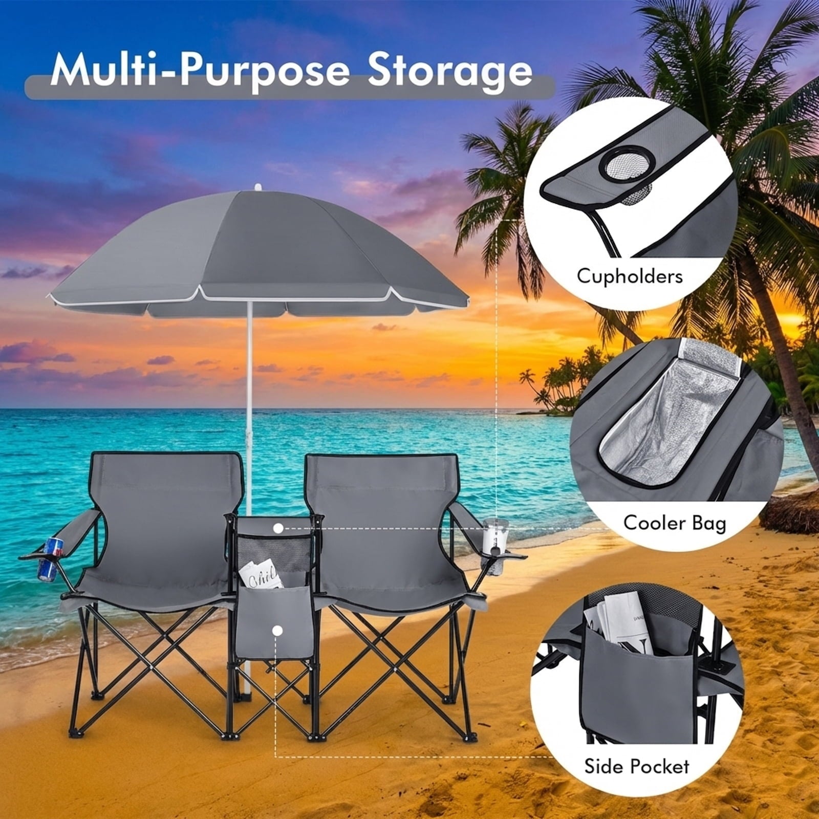 Biotree Double Camping Chair with Removable Umbrella Portable Folding Loveseat with Cooler Bag and Cup Holders for Beach Picnic, Gray